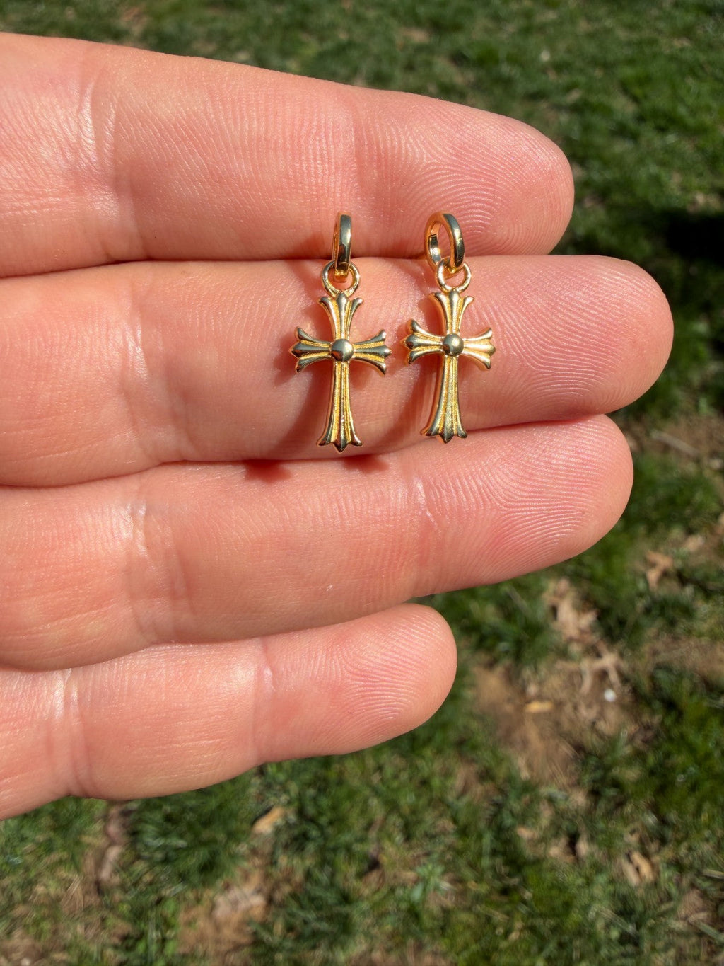Hearts Of Chrome Studs W. Dangle Cross Earrings | 14k Gold Vermeil 925 Silver