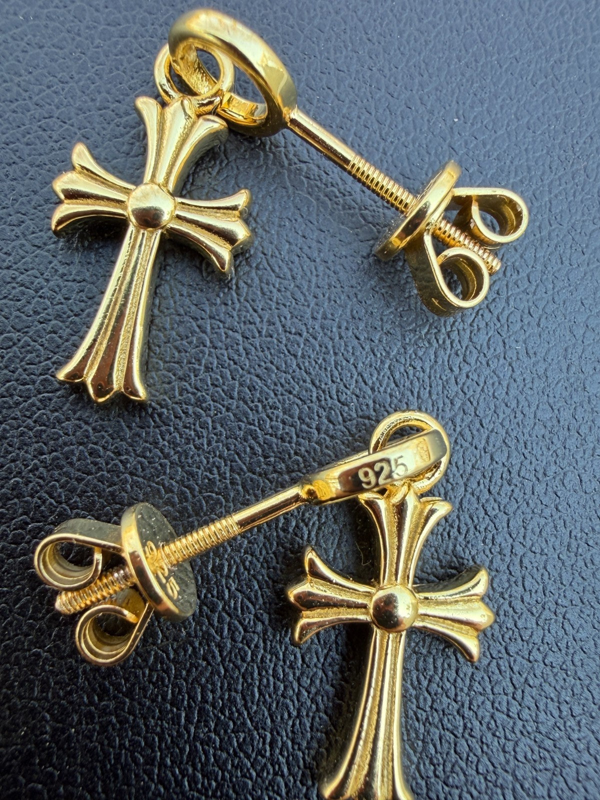 Hearts Of Chrome Studs W. Dangle Cross Earrings | 14k Gold Vermeil 925 Silver