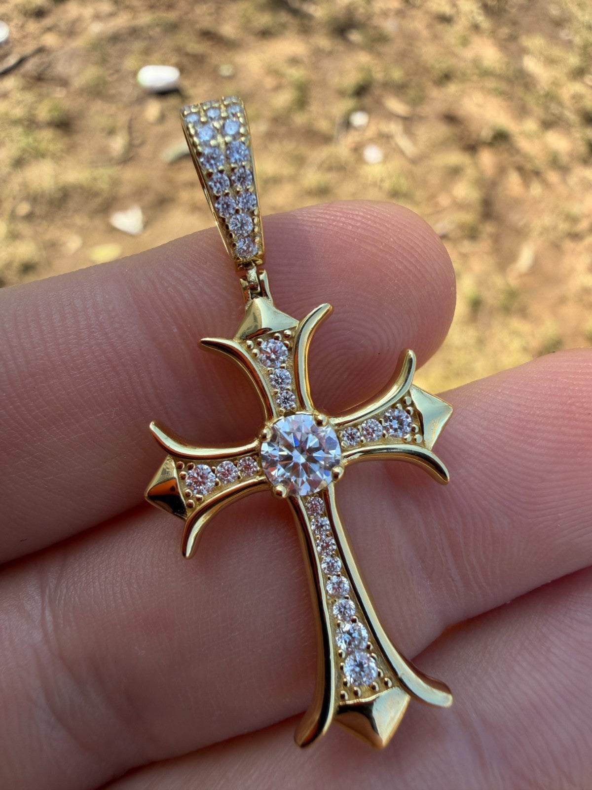 Moissanite Hearts Chrome Cross Pendant | 14k Gold Vermeil 925 Silver