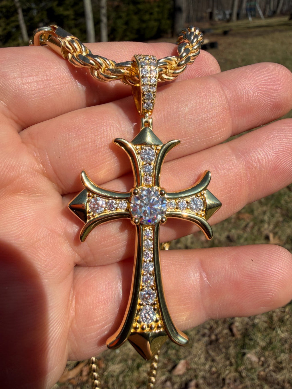 Moissanite Hearts Chrome Cross Pendant | 14k Gold Vermeil 925 Silver
