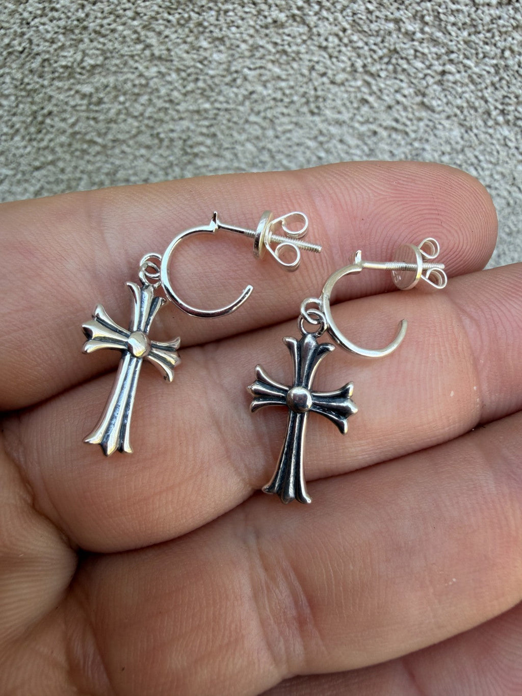 Hearts Of Chrome Huggie Hoops W. Dangle Cross Earrings | 925 Silver Oxidized