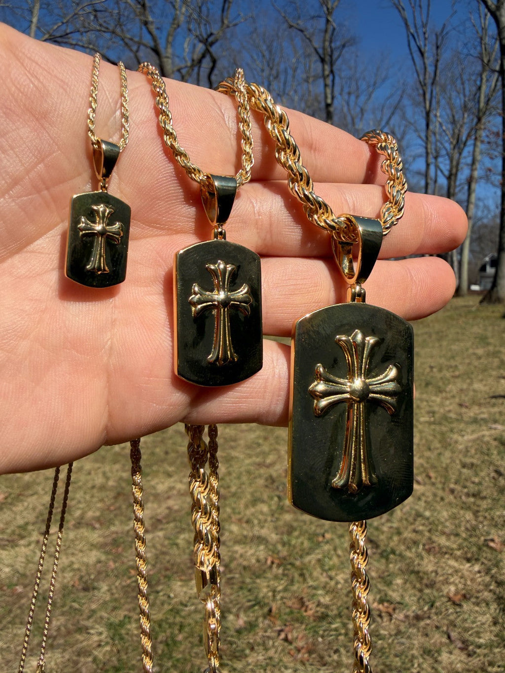 Hearts Chrome Dog Tag Cross Pendant | 14k Gold Vermeil 925 Silver