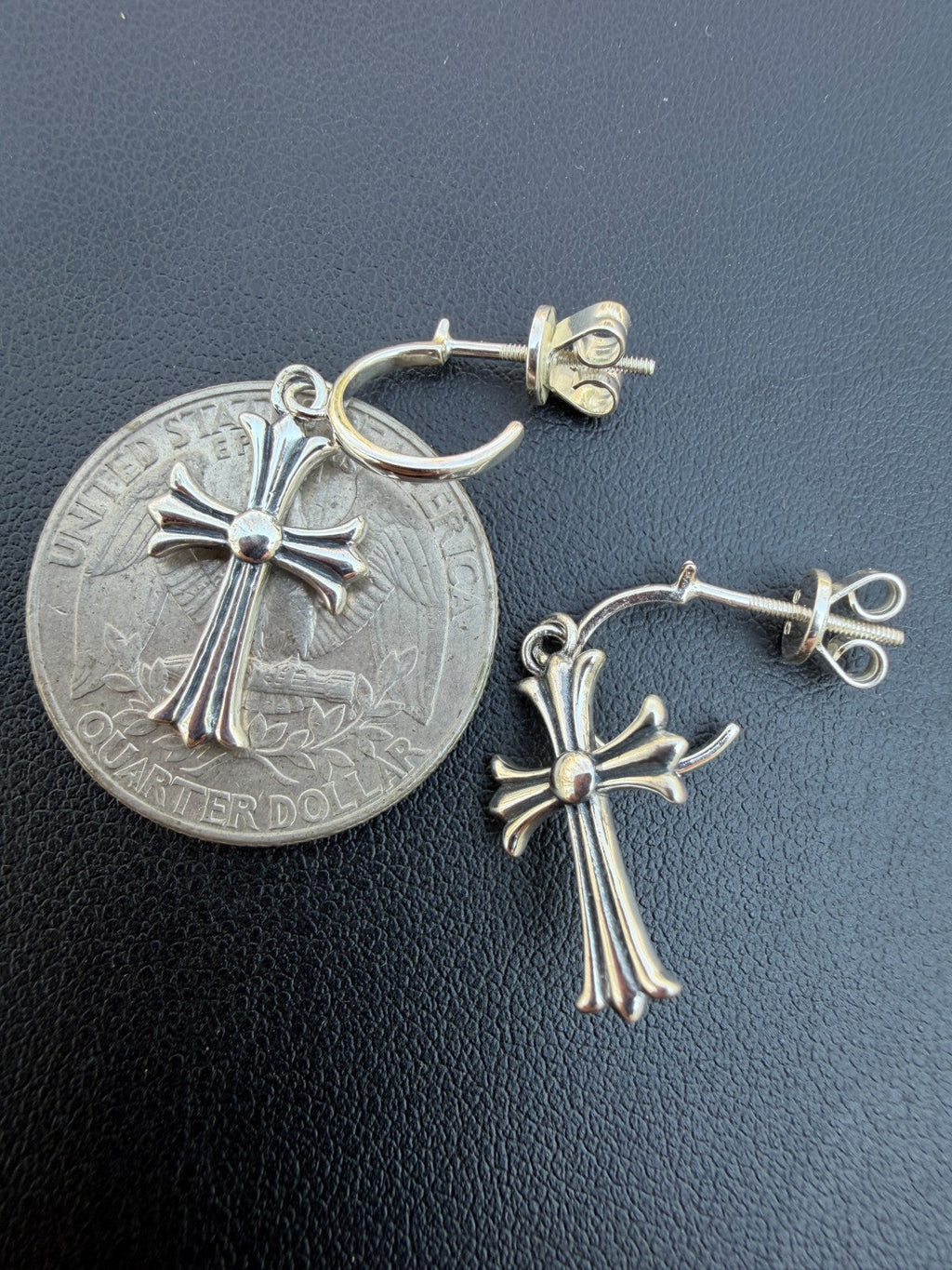 Hearts Of Chrome Huggie Hoops W. Dangle Cross Earrings | 925 Silver Oxidized