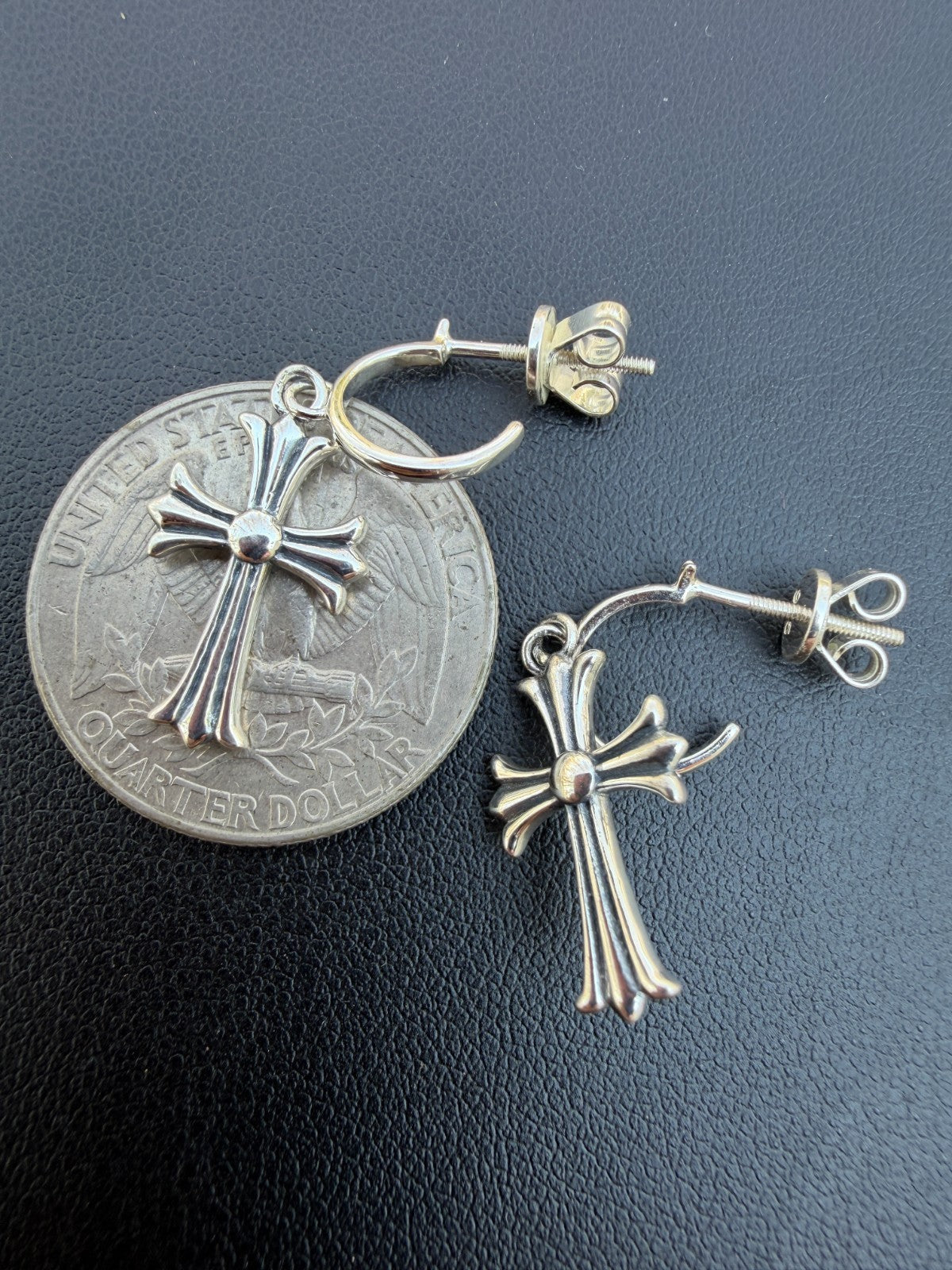 Hearts Of Chrome Huggie Hoops W. Dangle Cross Earrings | 925 Silver Oxidized