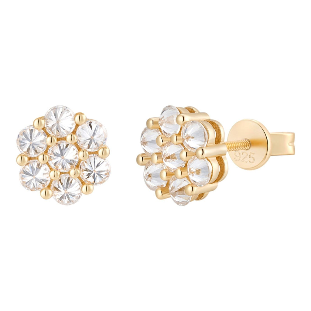 Moissanite Upside Down Reverse Set Cluster Iced Out Honeycomb Set Earrings | 14k Gold Vermeil 925 Silver