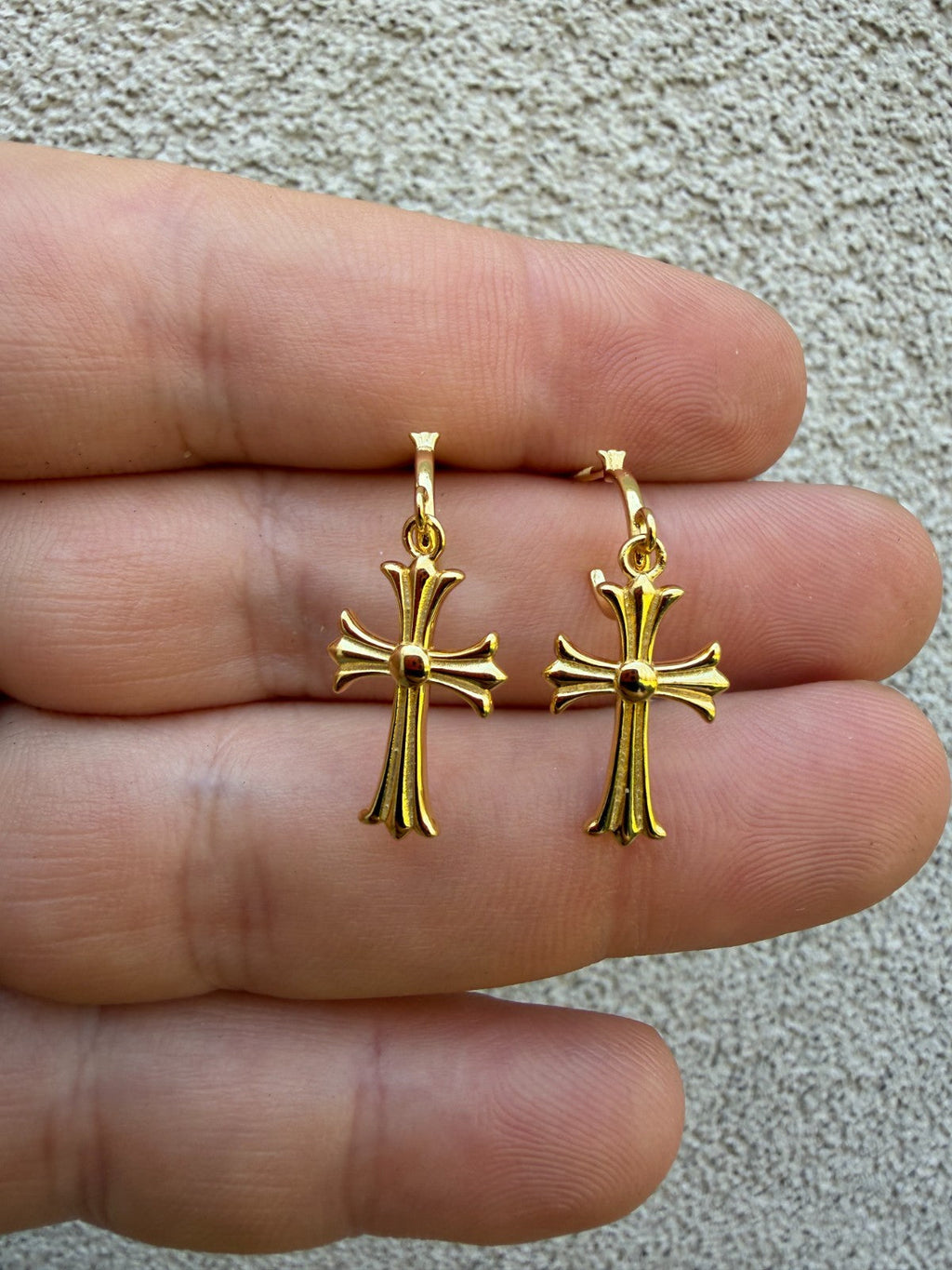 Hearts Of Chrome Huggie Hoops W. Dangle Cross Earrings | 14k Gold Vermeil 925 Silver