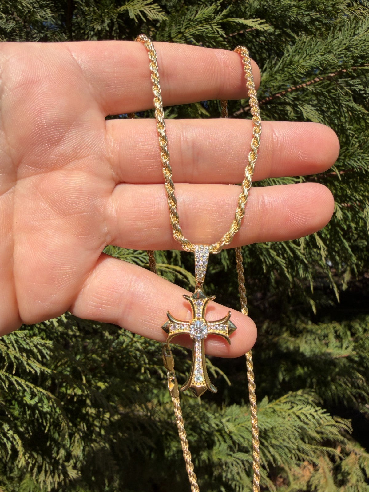 Moissanite Hearts Chrome Cross Pendant | 14k Gold Vermeil 925 Silver