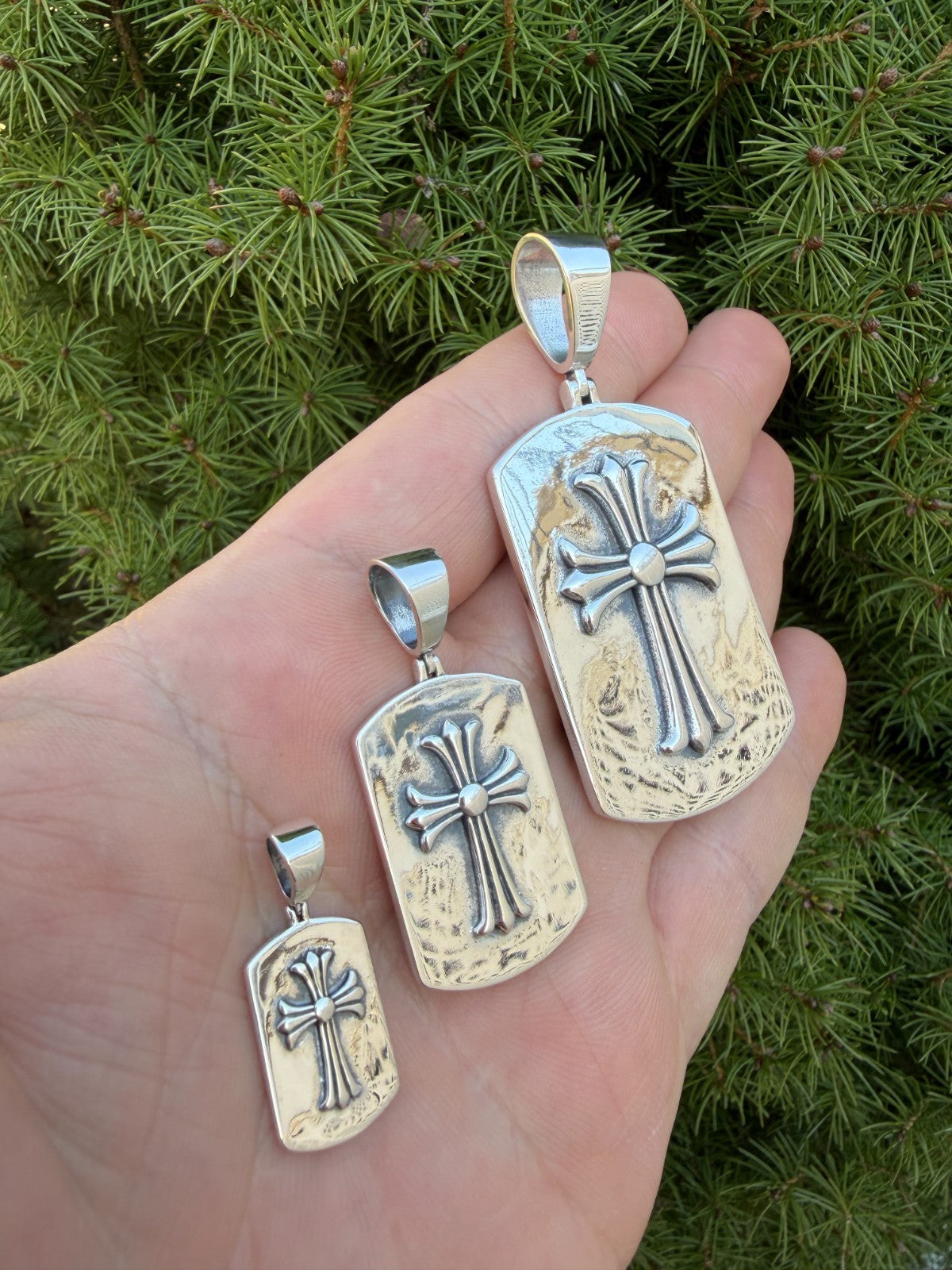 Hearts Chrome Dog Tag Cross Pendant | 925 Silver