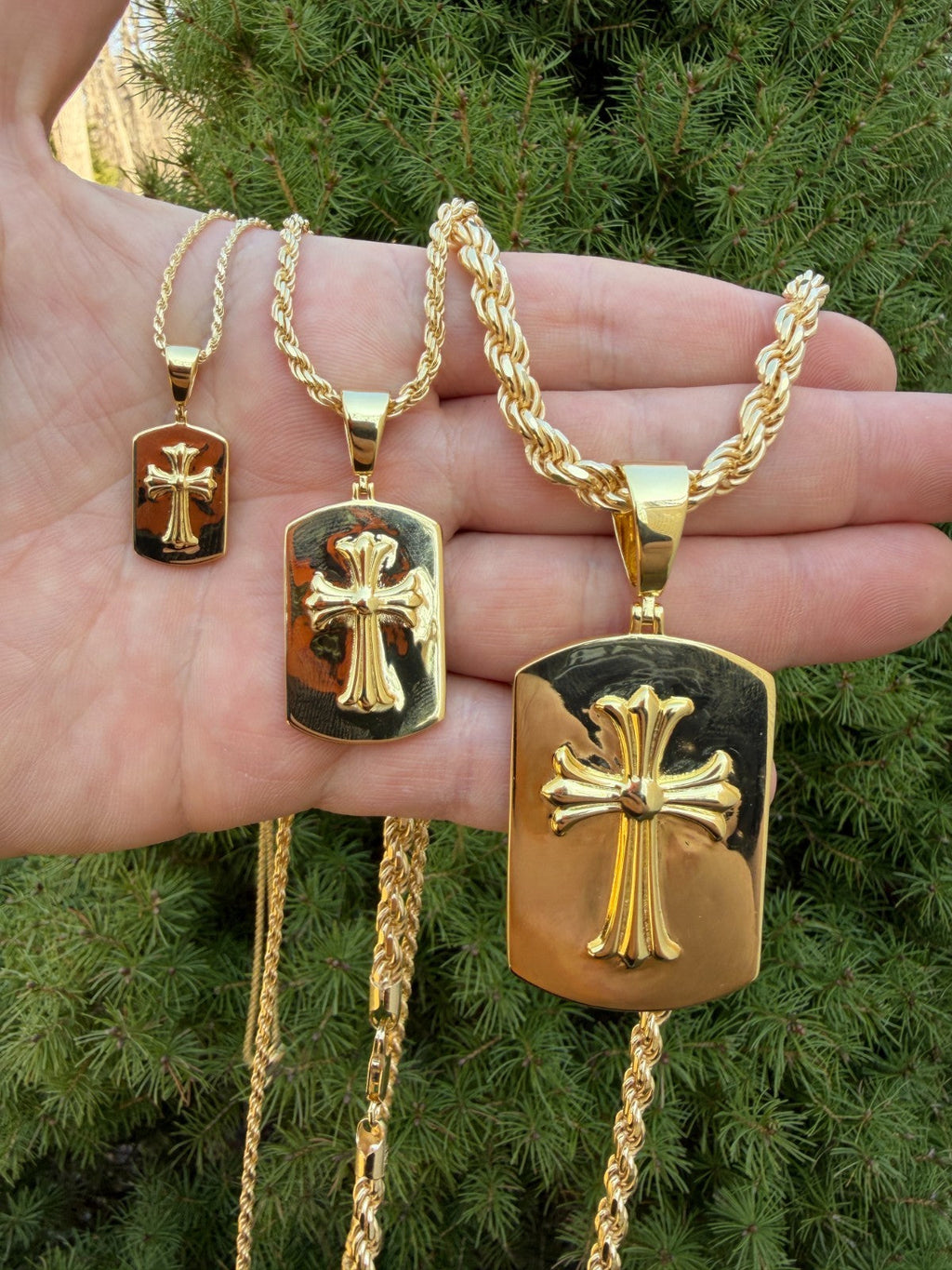Hearts Chrome Dog Tag Cross Pendant | 14k Gold Vermeil 925 Silver