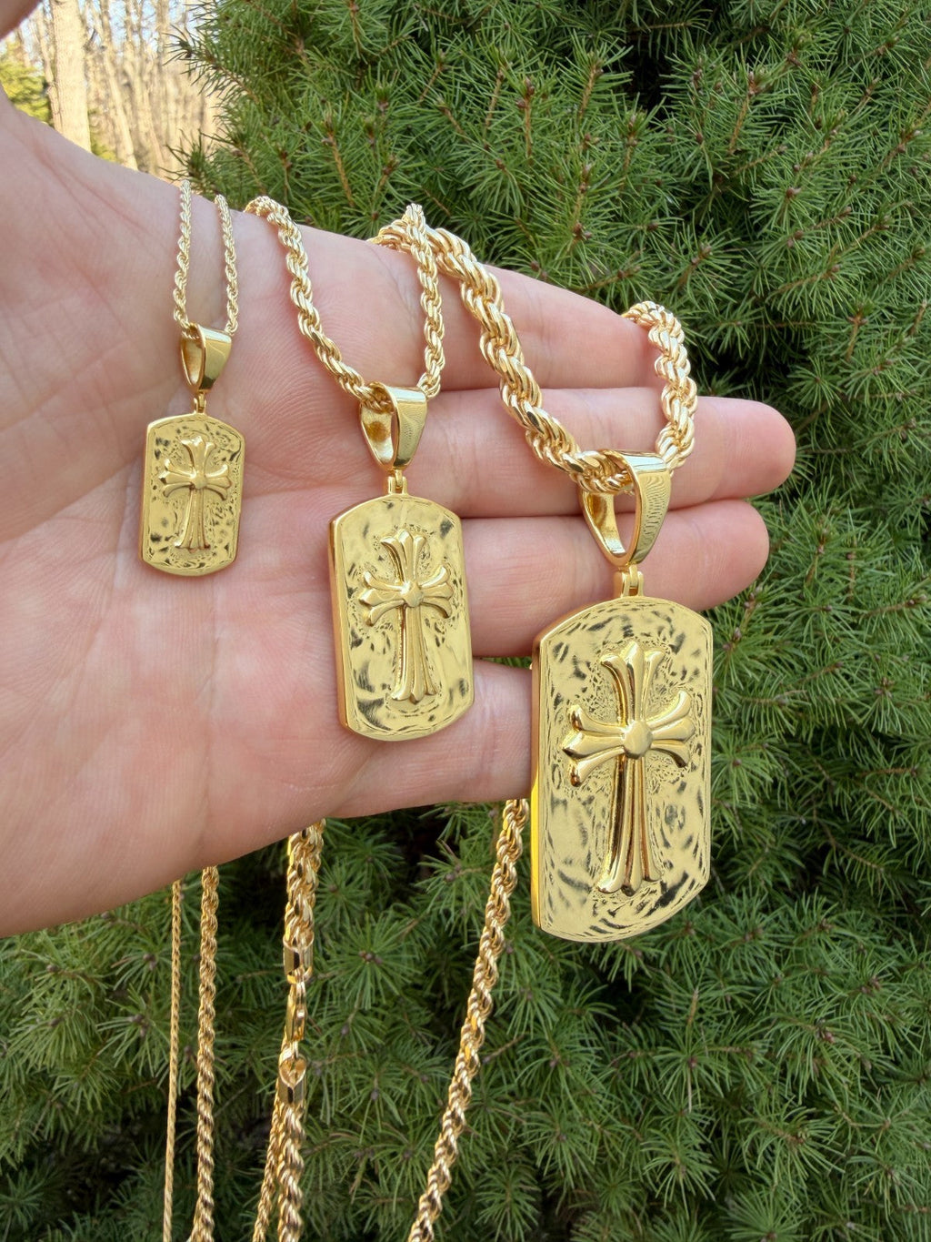 Hearts Chrome Dog Tag Cross Pendant | 14k Gold Vermeil 925 Silver