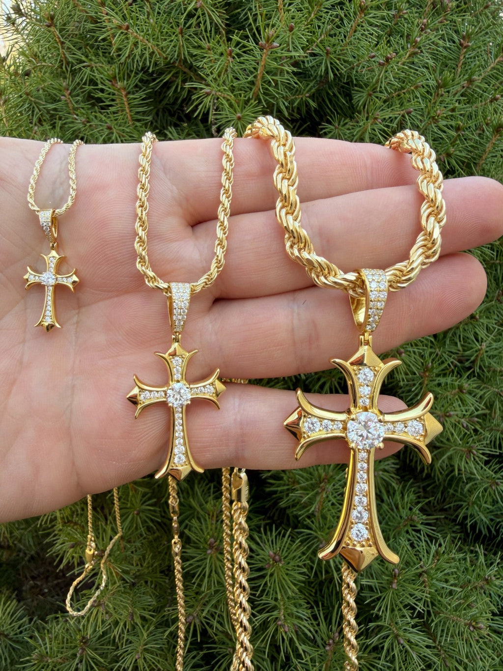 Moissanite Hearts Chrome Cross Pendant | 14k Gold Vermeil 925 Silver