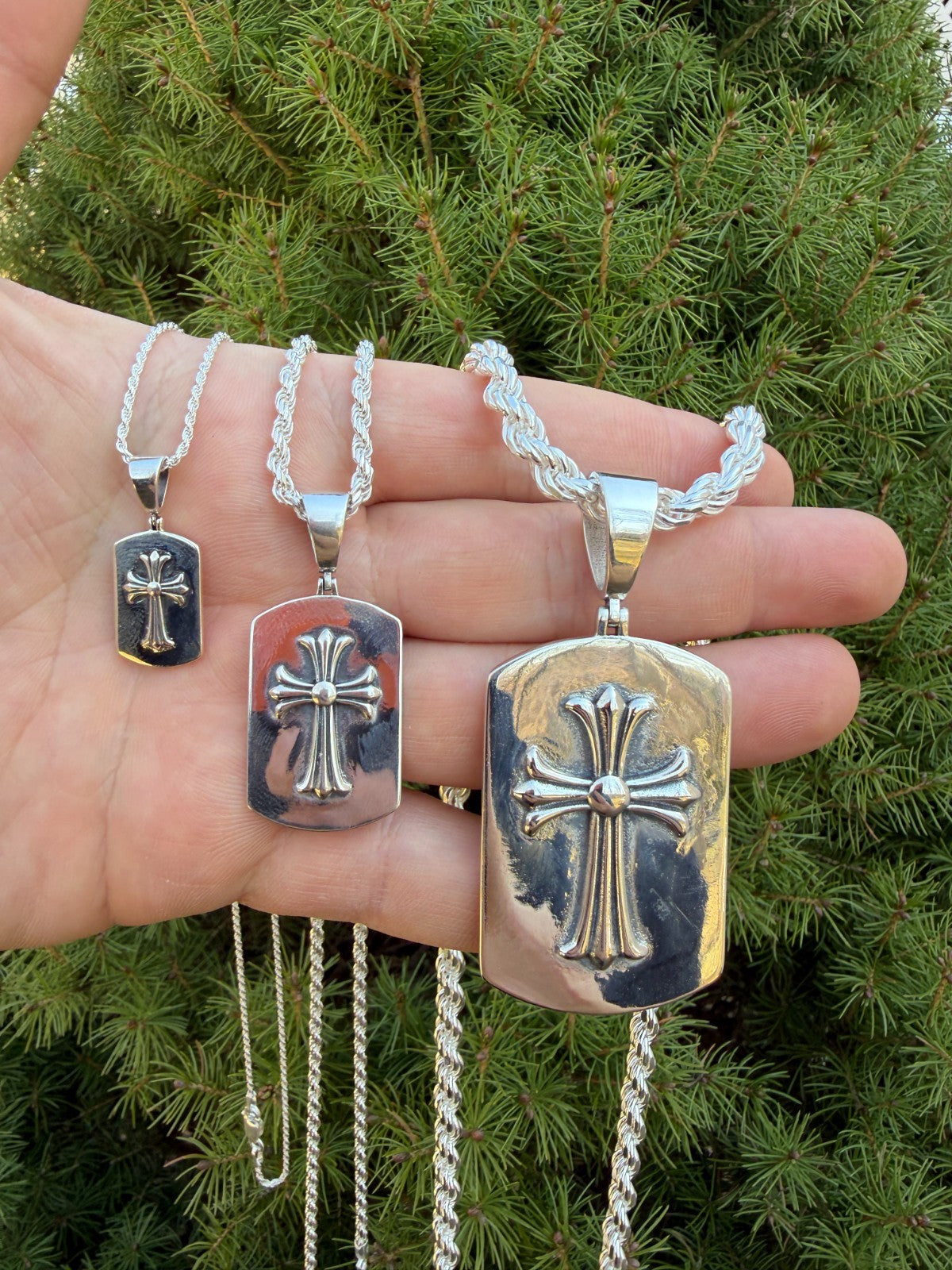 Hearts Chrome Dog Tag Cross Pendant | 925 Silver