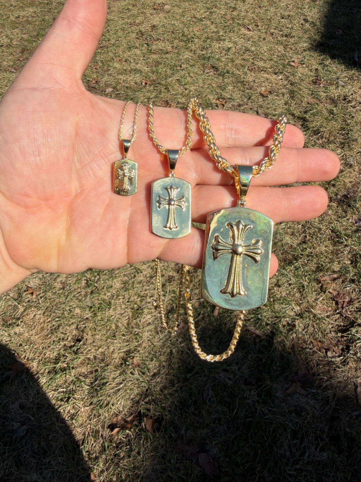 Hearts Chrome Dog Tag Cross Pendant | 14k Gold Vermeil 925 Silver