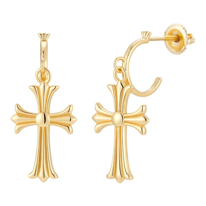 Hearts Of Chrome Huggie Hoops W. Dangle Cross Earrings | 14k Gold Vermeil 925 Silver