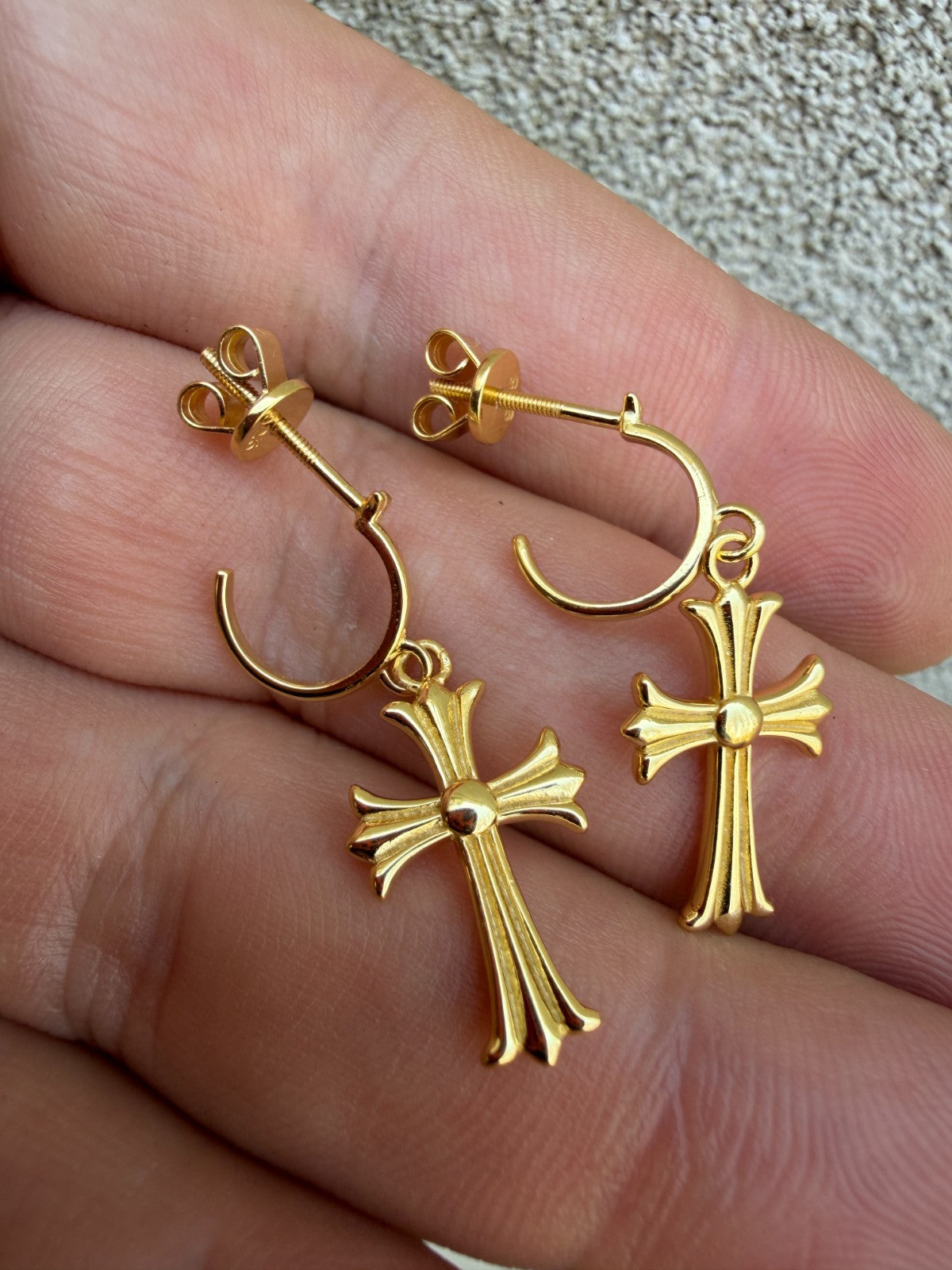 Hearts Of Chrome Huggie Hoops W. Dangle Cross Earrings | 14k Gold Vermeil 925 Silver