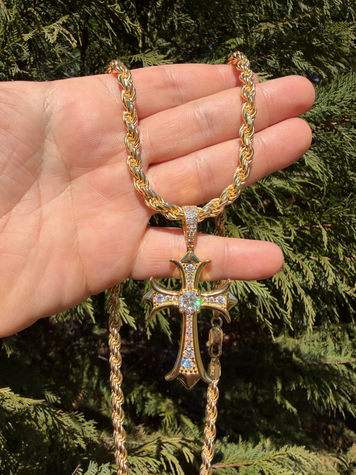 Moissanite Hearts Chrome Cross Pendant | 14k Gold Vermeil 925 Silver