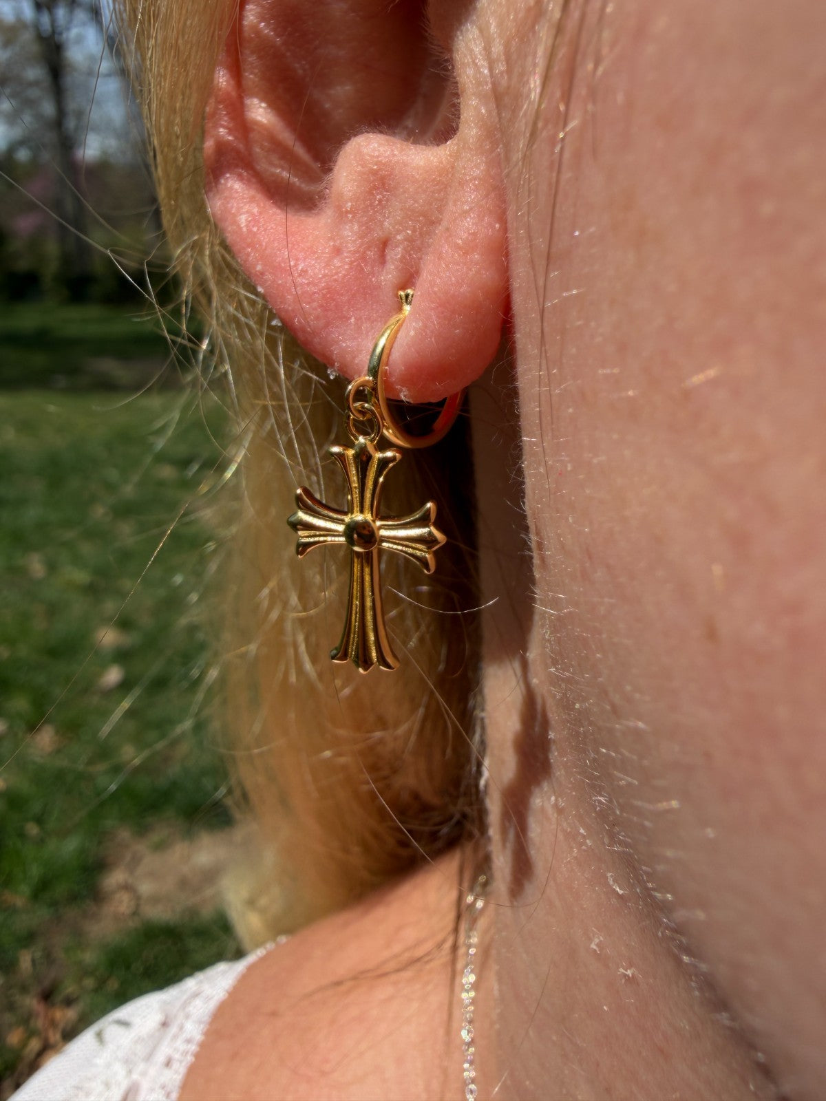 Hearts Of Chrome Huggie Hoops W. Dangle Cross Earrings | 14k Gold Vermeil 925 Silver
