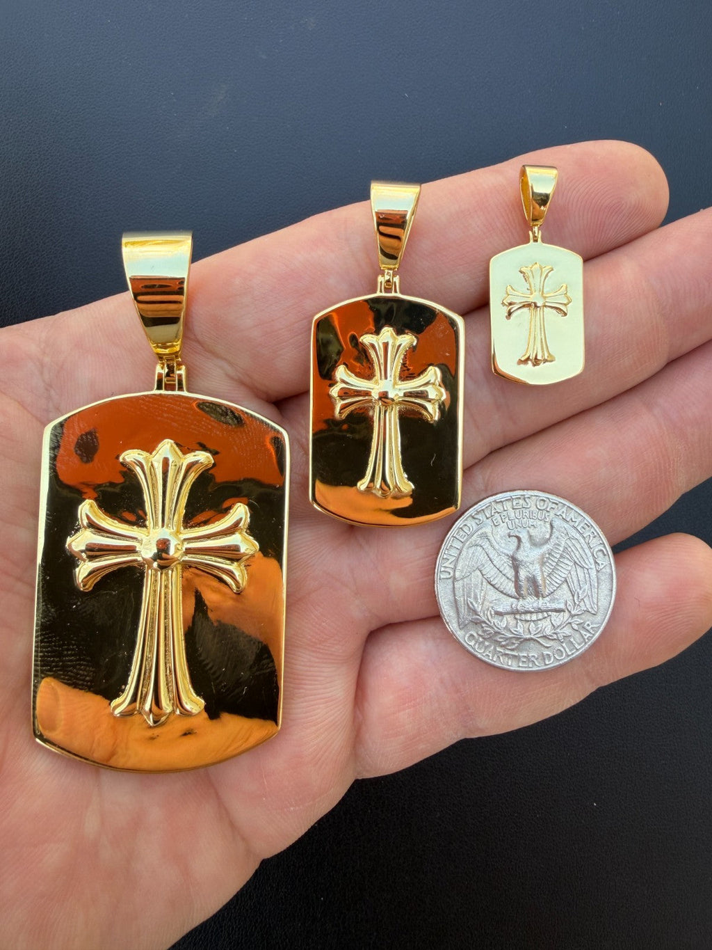 Hearts Chrome Dog Tag Cross Pendant | 14k Gold Vermeil 925 Silver