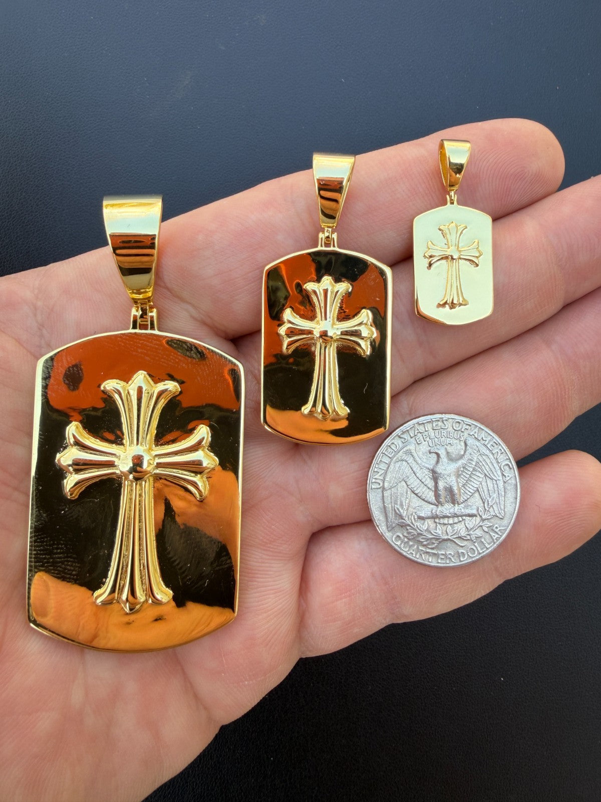 Hearts Chrome Dog Tag Cross Pendant | 14k Gold Vermeil 925 Silver