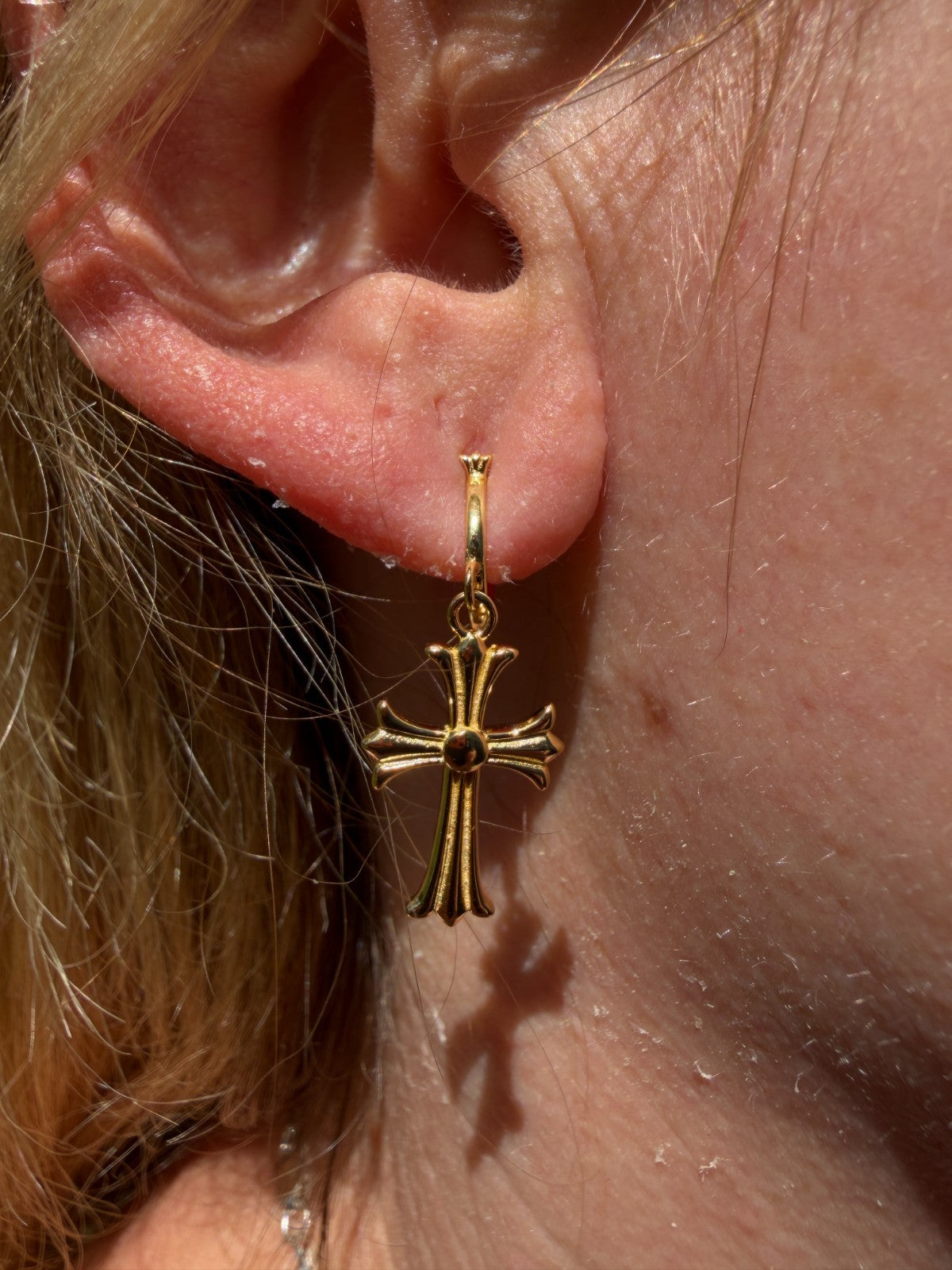 Hearts Of Chrome Huggie Hoops W. Dangle Cross Earrings | 14k Gold Vermeil 925 Silver