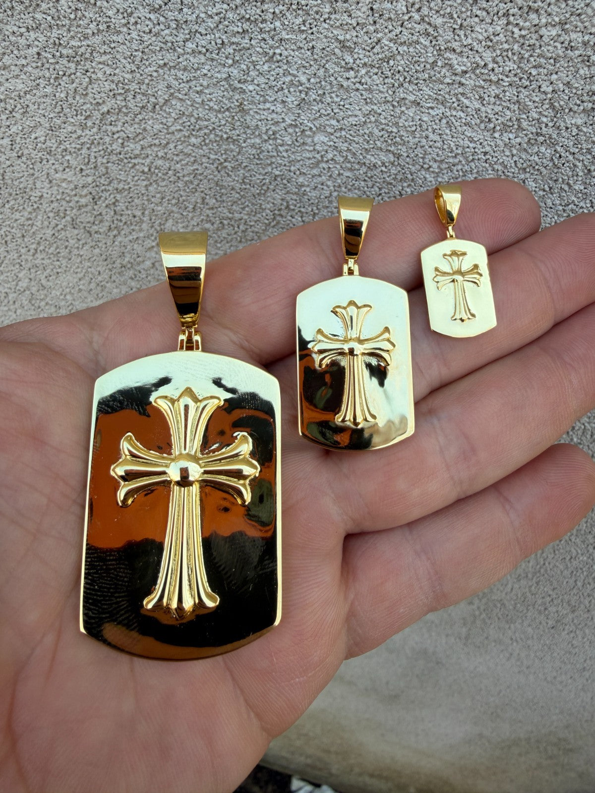 Hearts Chrome Dog Tag Cross Pendant | 14k Gold Vermeil 925 Silver