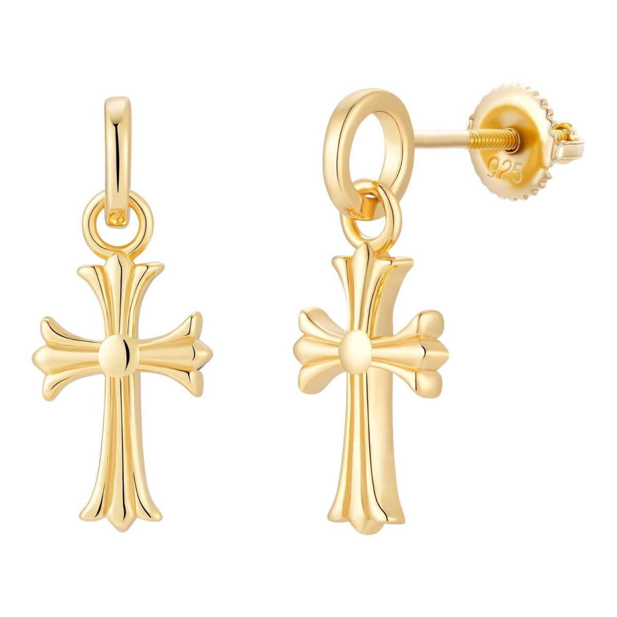 Hearts Of Chrome Studs W. Dangle Cross Earrings | 14k Gold Vermeil 925 Silver
