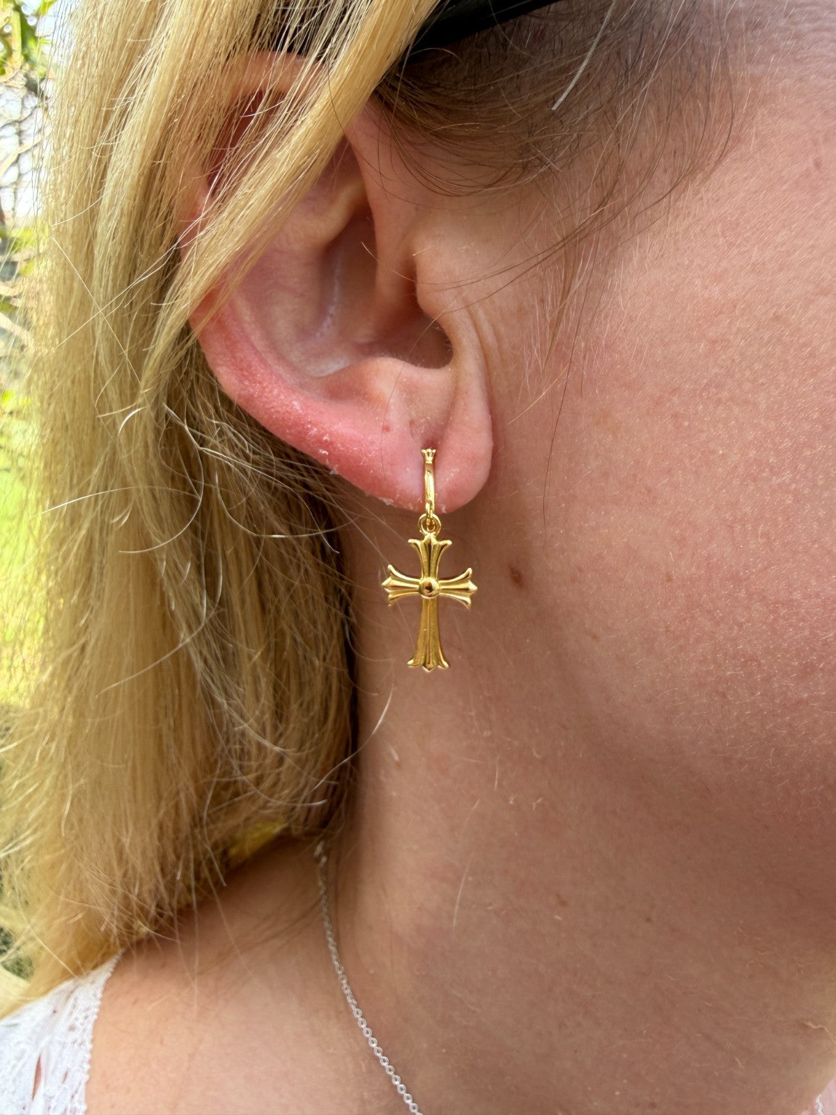 Hearts Of Chrome Huggie Hoops W. Dangle Cross Earrings | 14k Gold Vermeil 925 Silver