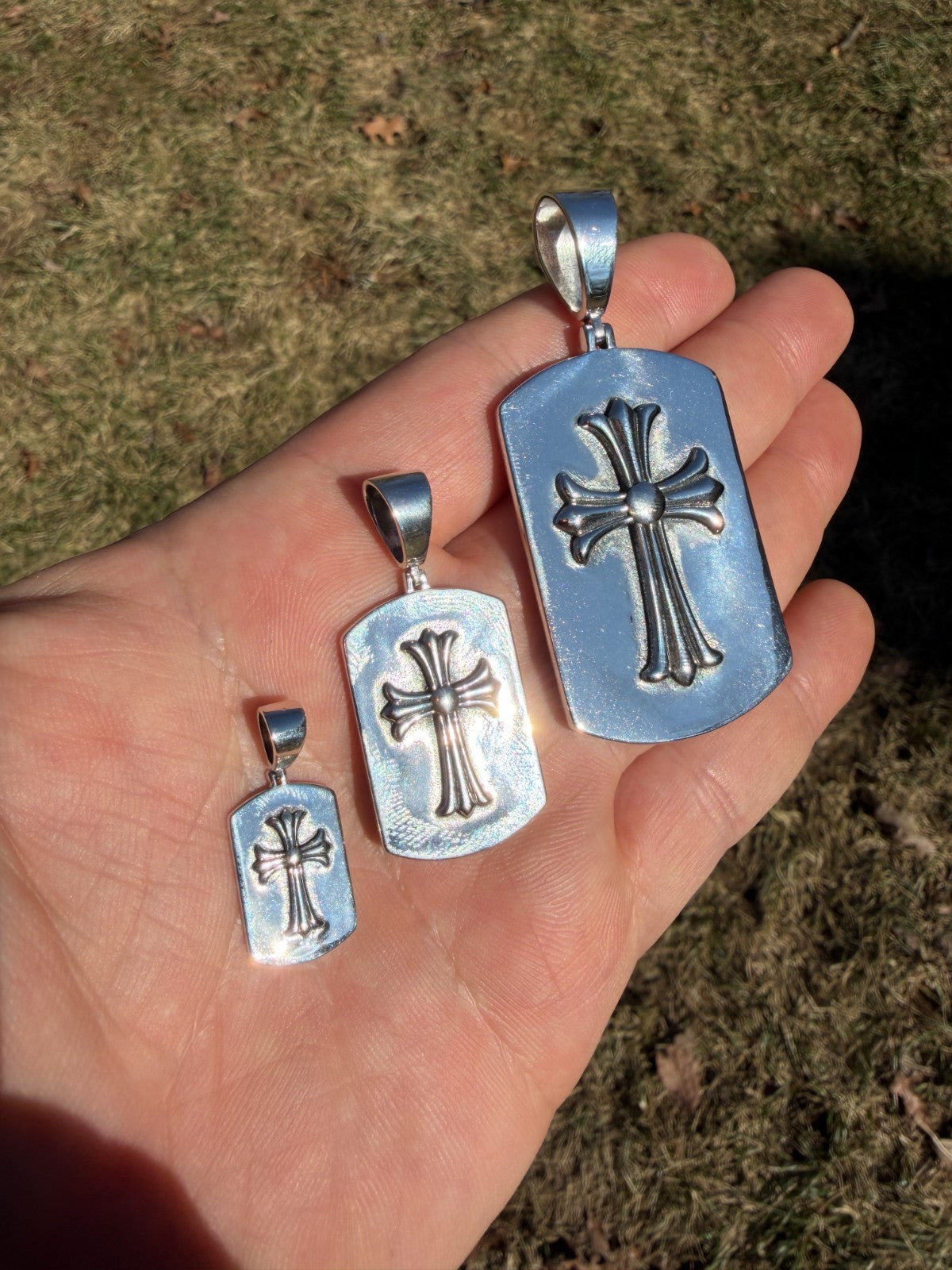 Hearts Chrome Dog Tag Cross Pendant | 925 Silver