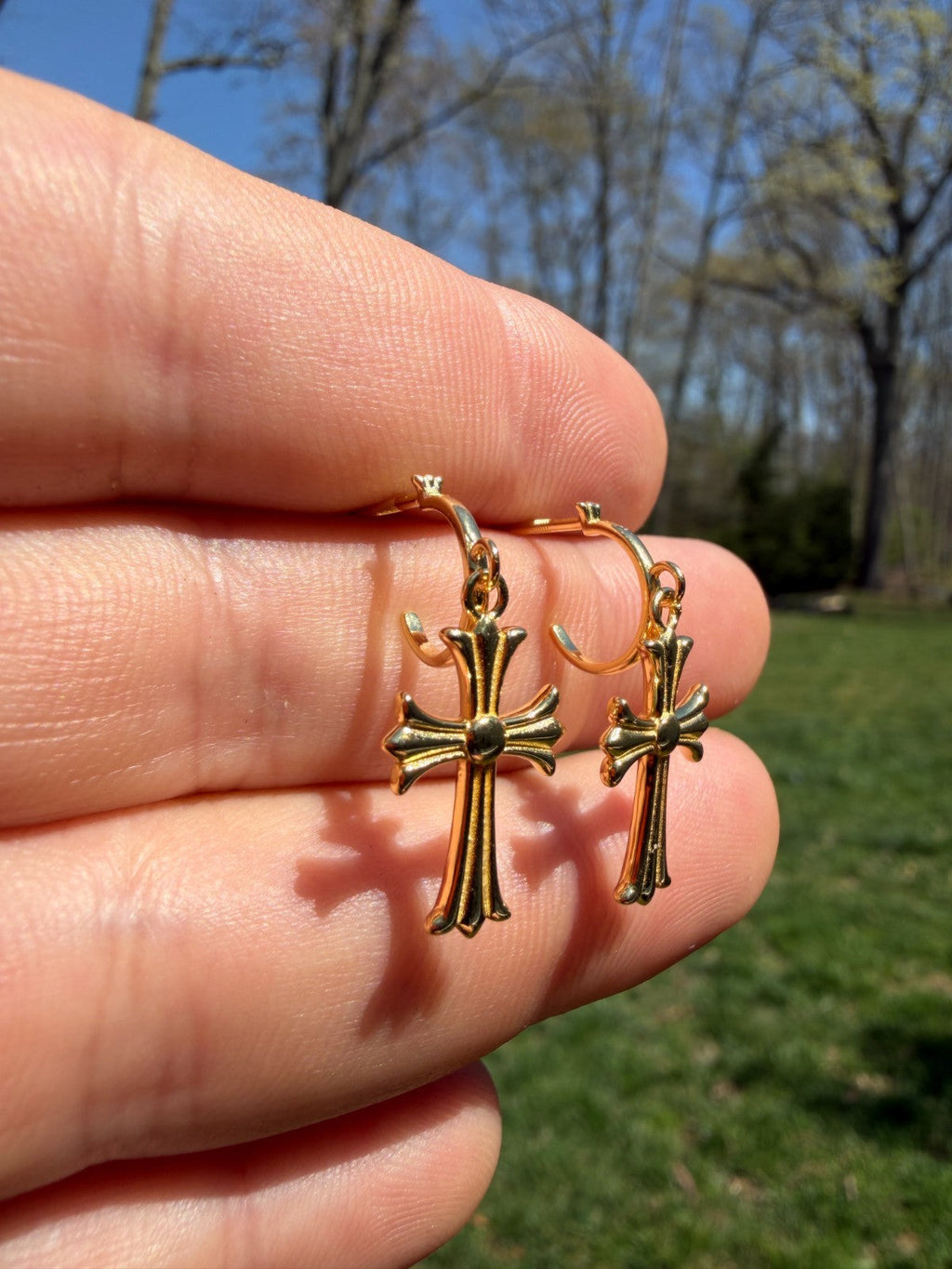 Hearts Of Chrome Huggie Hoops W. Dangle Cross Earrings | 14k Gold Vermeil 925 Silver