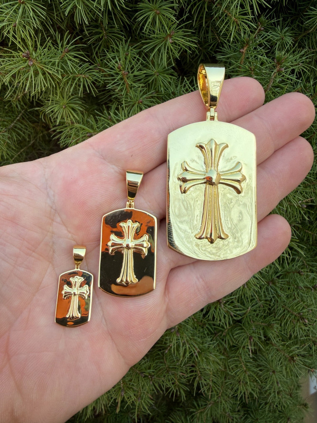 Hearts Chrome Dog Tag Cross Pendant | 14k Gold Vermeil 925 Silver