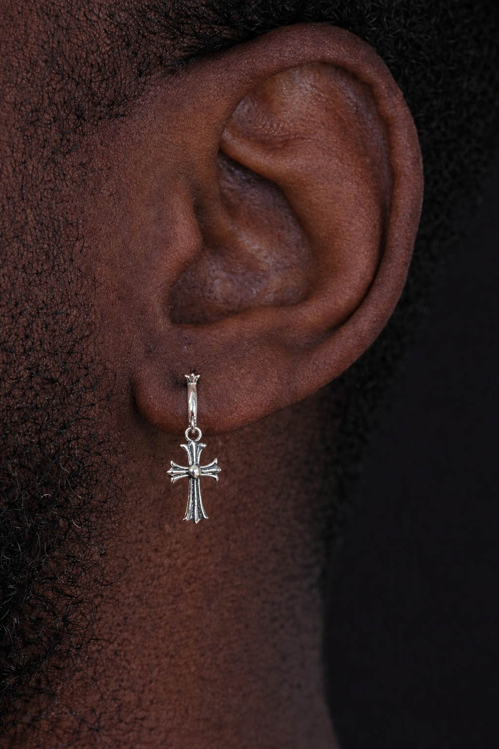 Hearts Of Chrome Huggie Hoops W. Dangle Cross Earrings | 925 Silver Oxidized