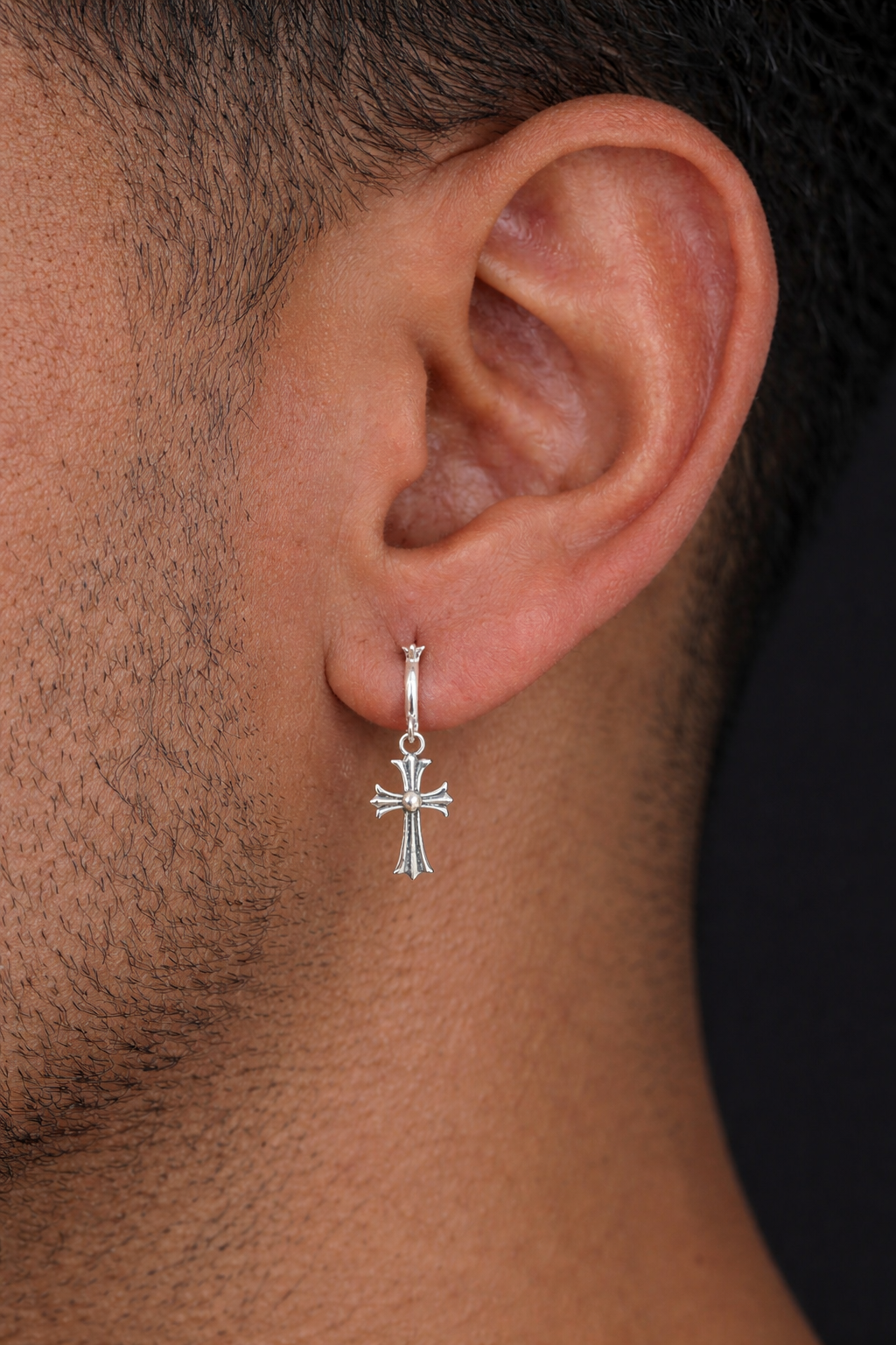 Hearts Of Chrome Huggie Hoops W. Dangle Cross Earrings | 925 Silver Oxidized
