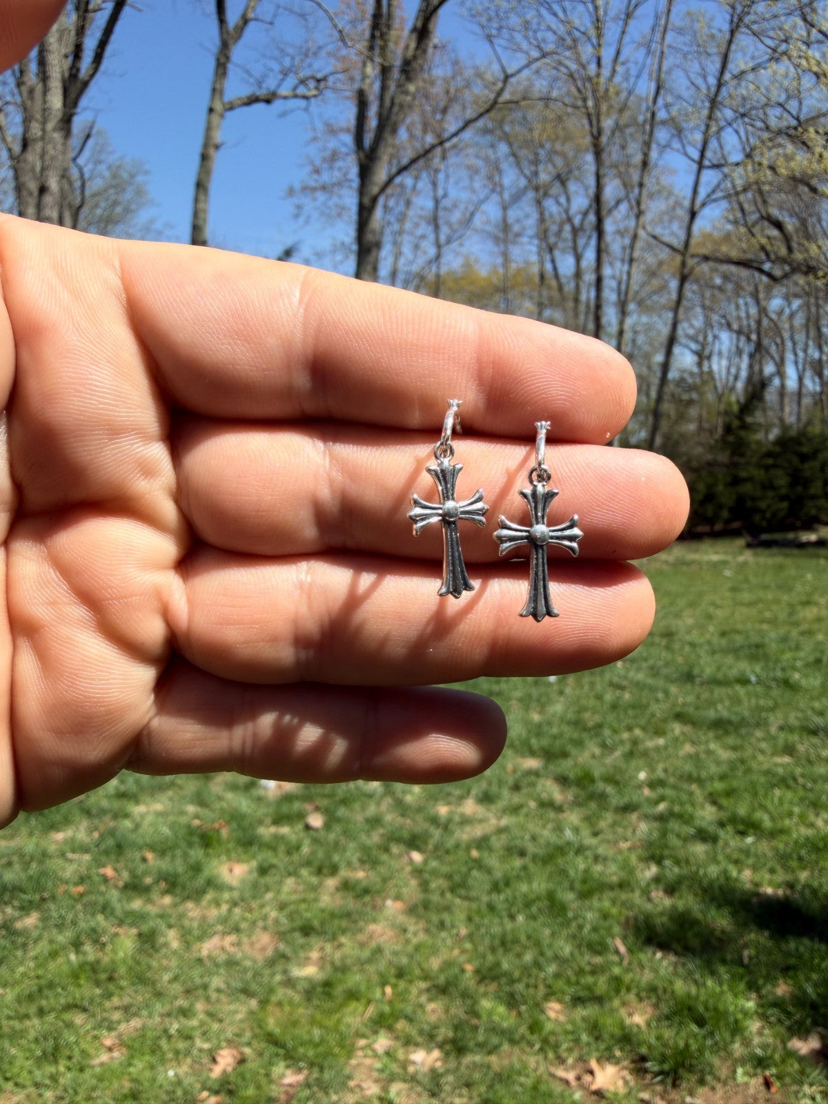 Hearts Of Chrome Huggie Hoops W. Dangle Cross Earrings | 925 Silver Oxidized