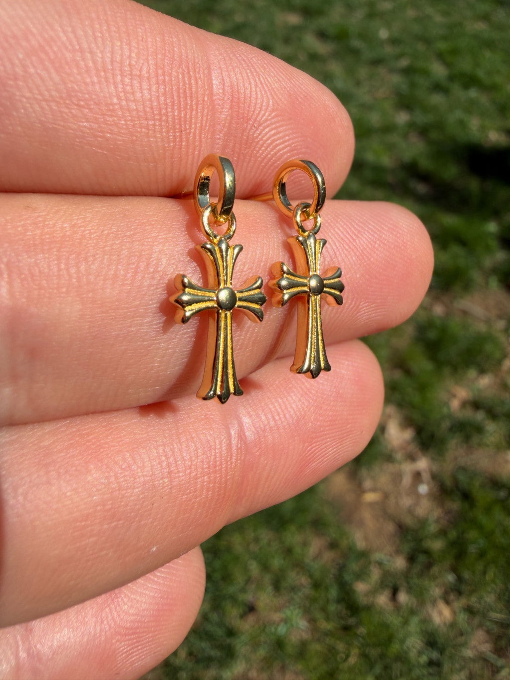 Hearts Of Chrome Studs W. Dangle Cross Earrings | 14k Gold Vermeil 925 Silver