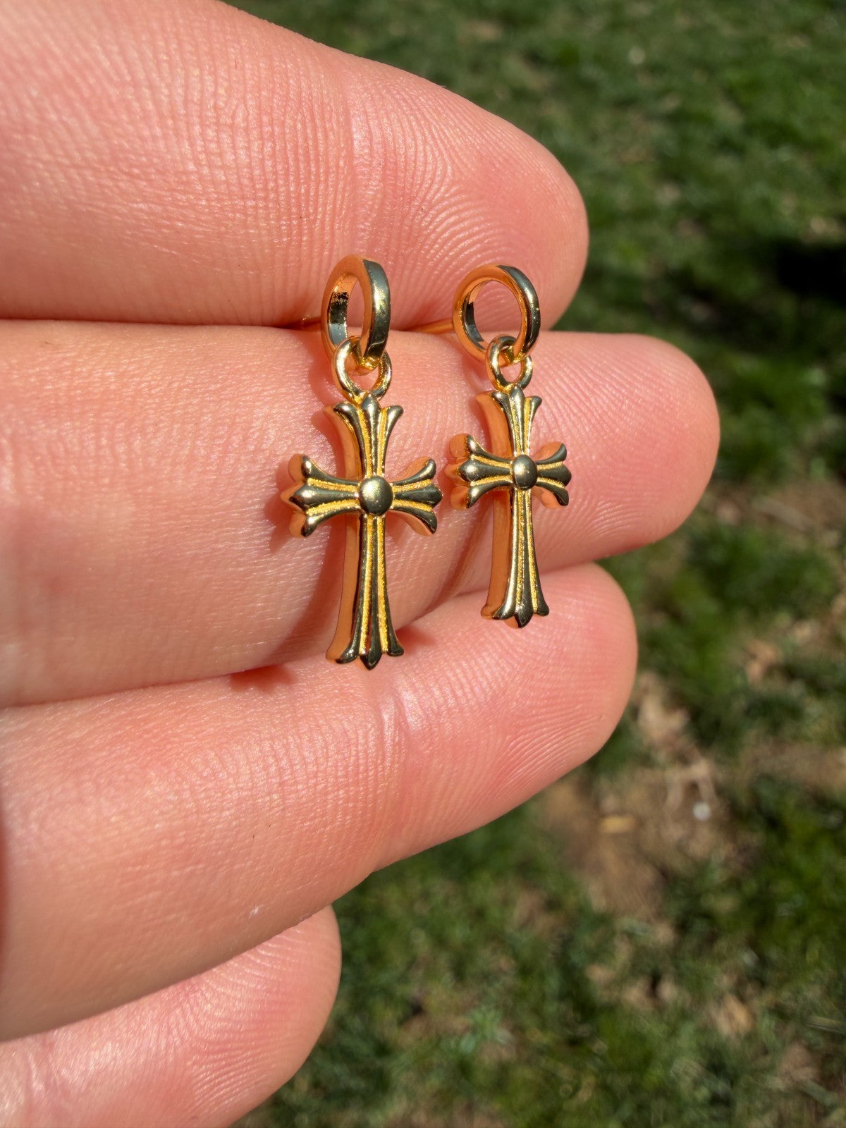 Hearts Of Chrome Studs W. Dangle Cross Earrings | 14k Gold Vermeil 925 Silver