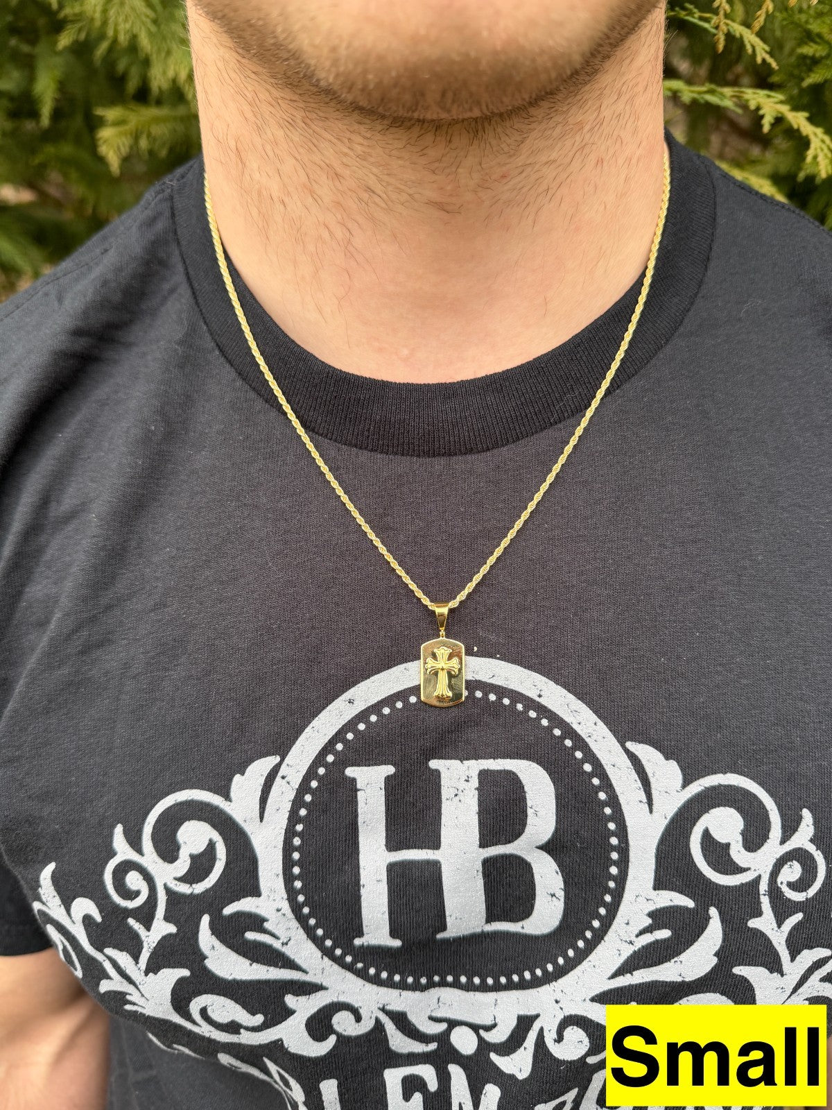 Hearts Chrome Dog Tag Cross Pendant | 14k Gold Vermeil 925 Silver