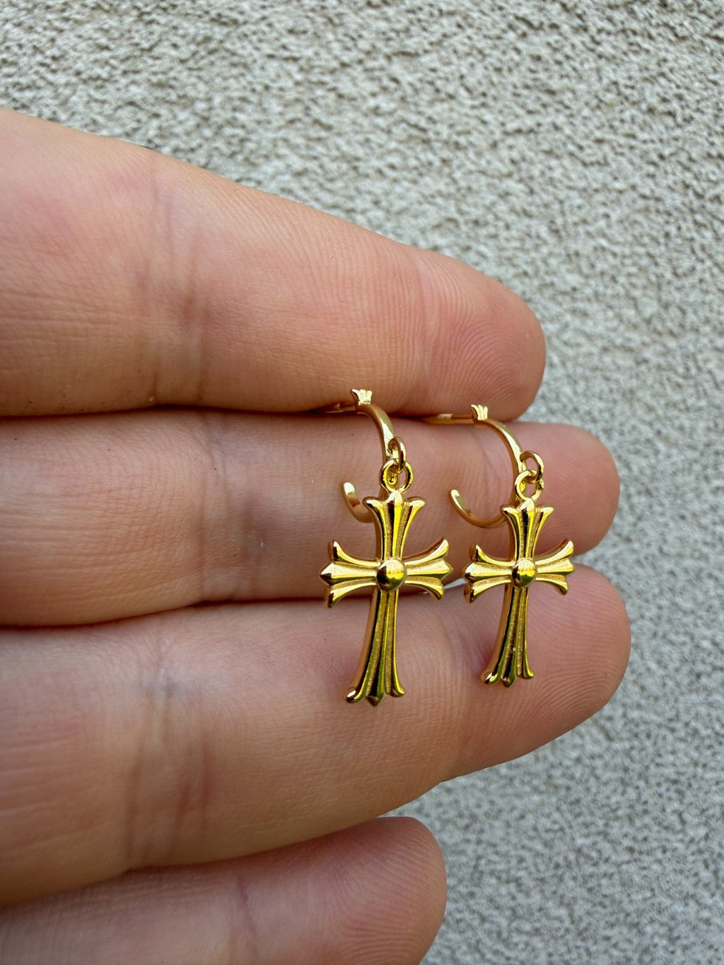 Hearts Of Chrome Huggie Hoops W. Dangle Cross Earrings | 14k Gold Vermeil 925 Silver