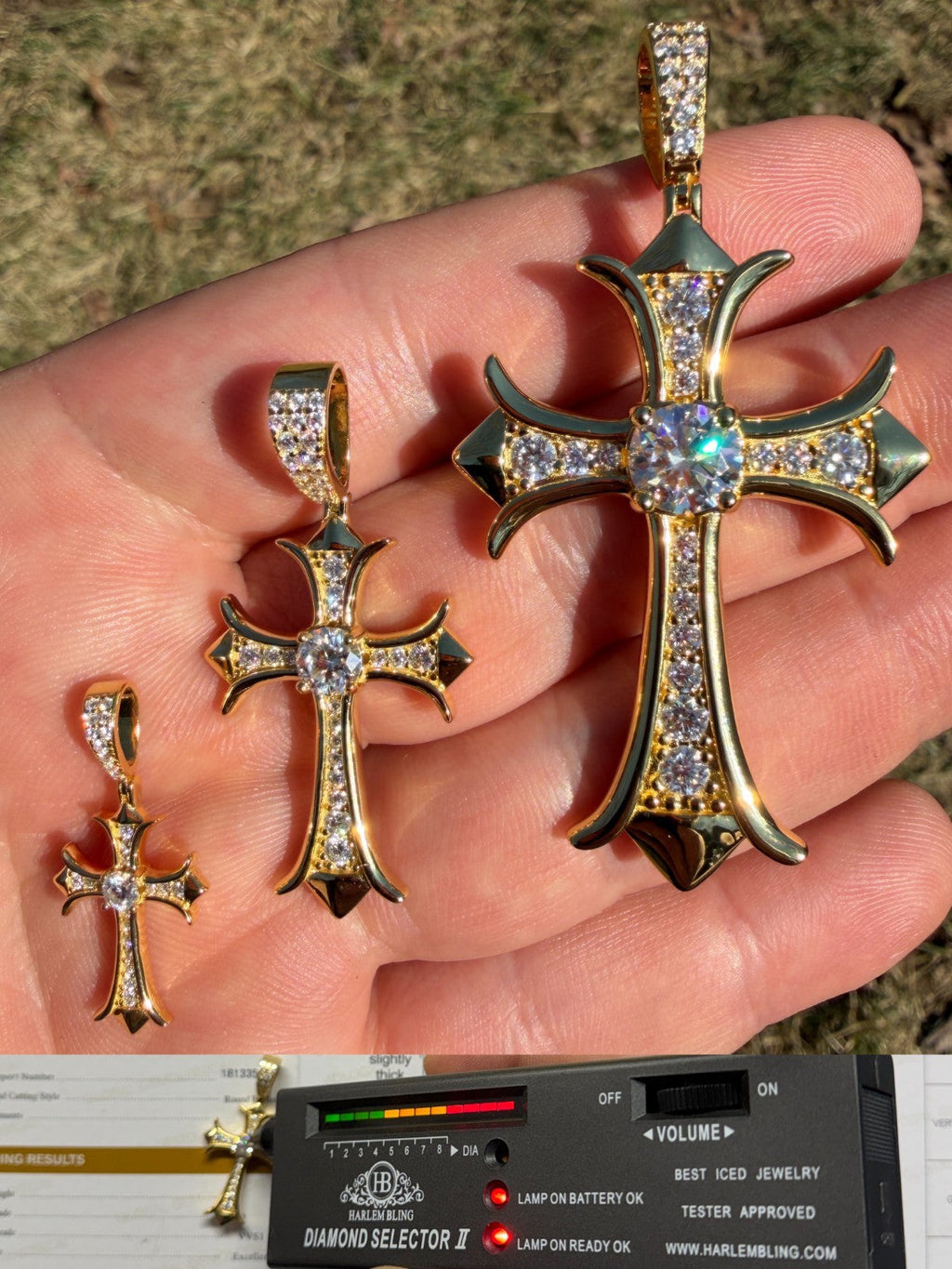 Moissanite Hearts Chrome Cross Pendant | 14k Gold Vermeil 925 Silver