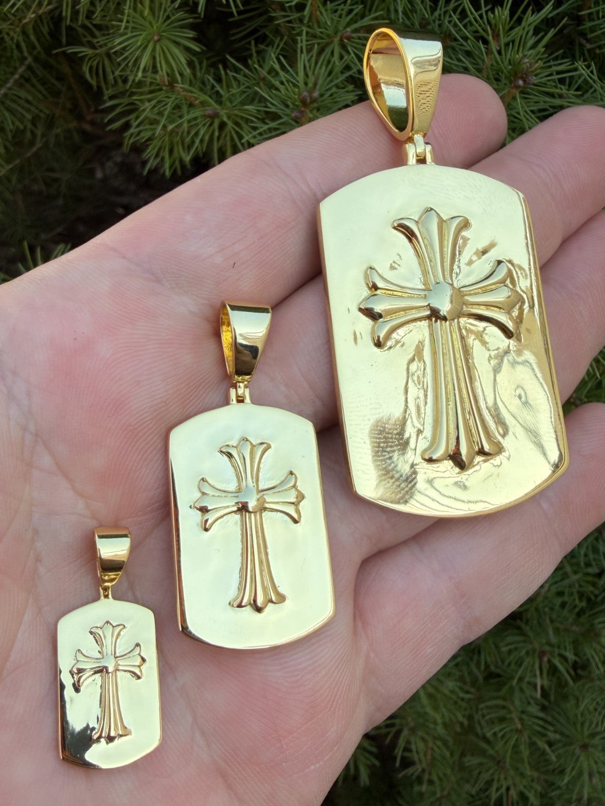 Hearts Chrome Dog Tag Cross Pendant | 14k Gold Vermeil 925 Silver