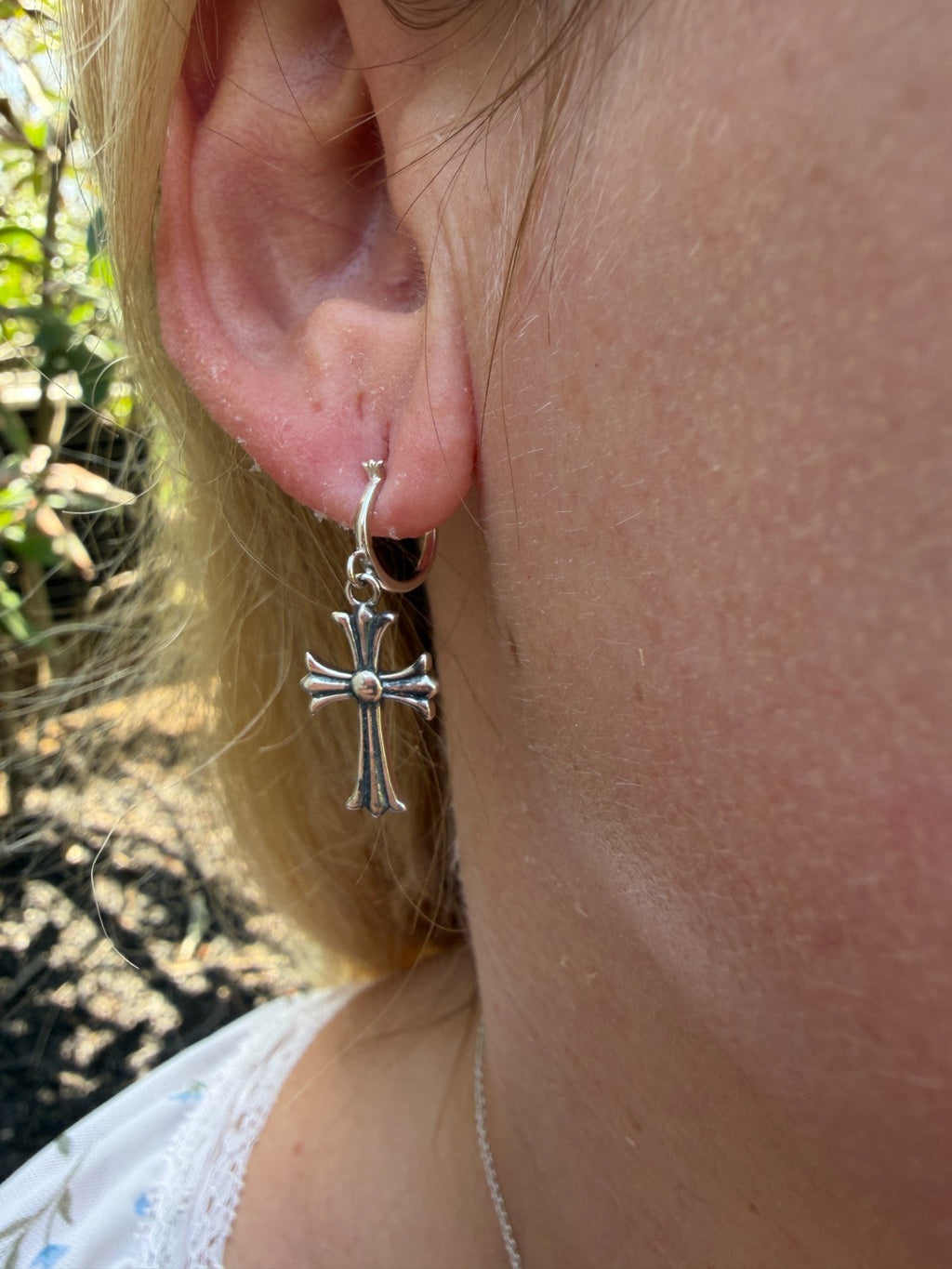 Hearts Of Chrome Huggie Hoops W. Dangle Cross Earrings | 925 Silver Oxidized