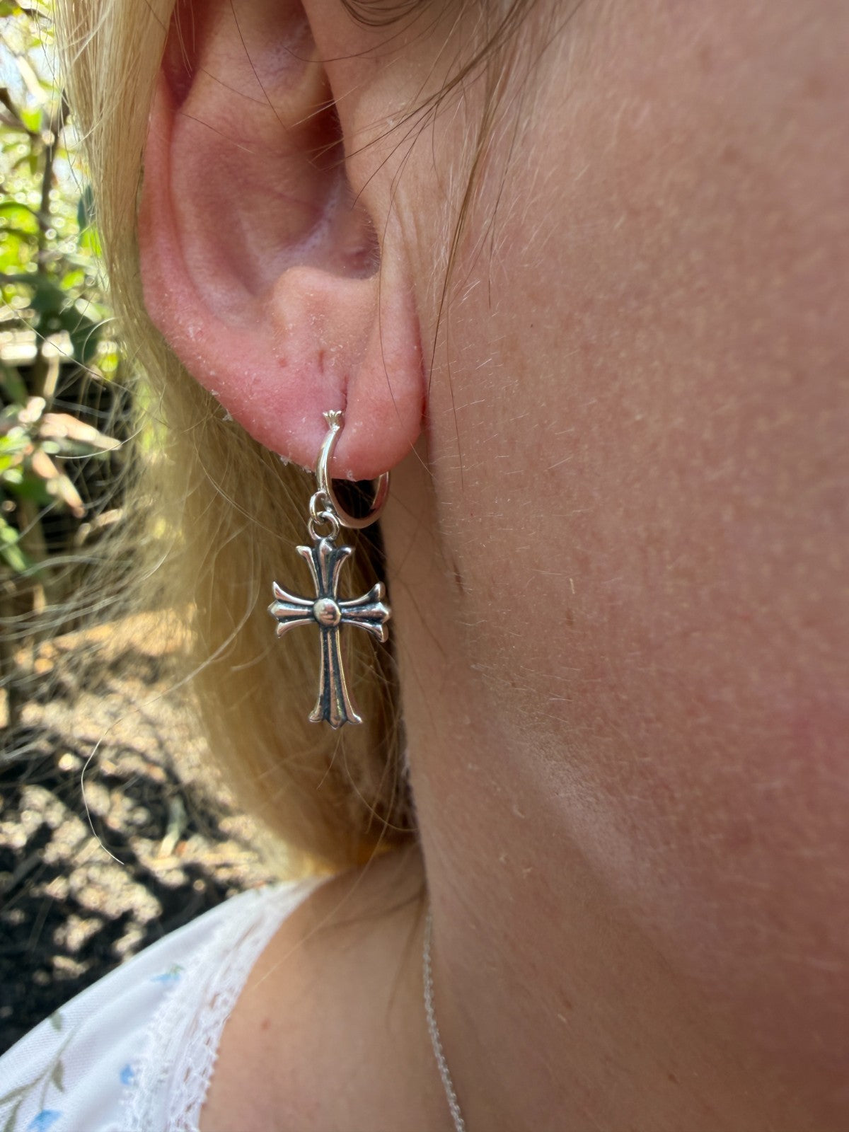 Hearts Of Chrome Huggie Hoops W. Dangle Cross Earrings | 925 Silver Oxidized