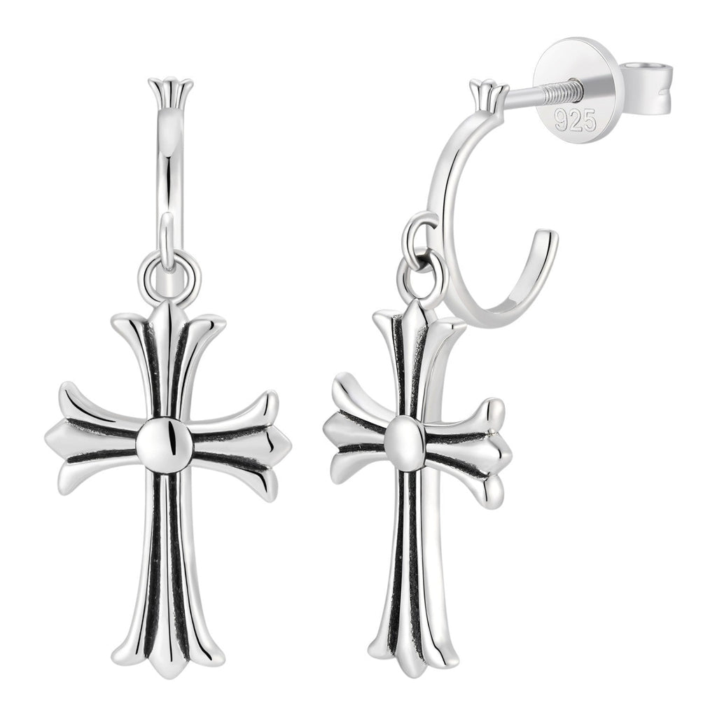 Hearts Of Chrome Huggie Hoops W. Dangle Cross Earrings | 925 Silver Oxidized