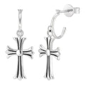 Hearts Of Chrome Huggie Hoops W. Dangle Cross Earrings | 925 Silver Oxidized