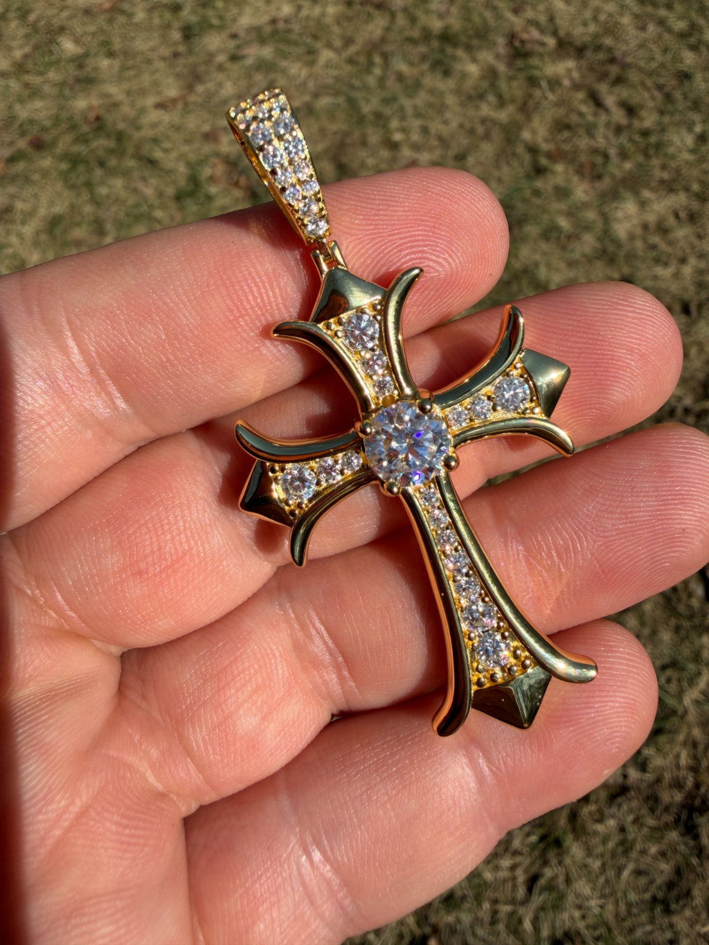 Moissanite Hearts Chrome Cross Pendant | 14k Gold Vermeil 925 Silver