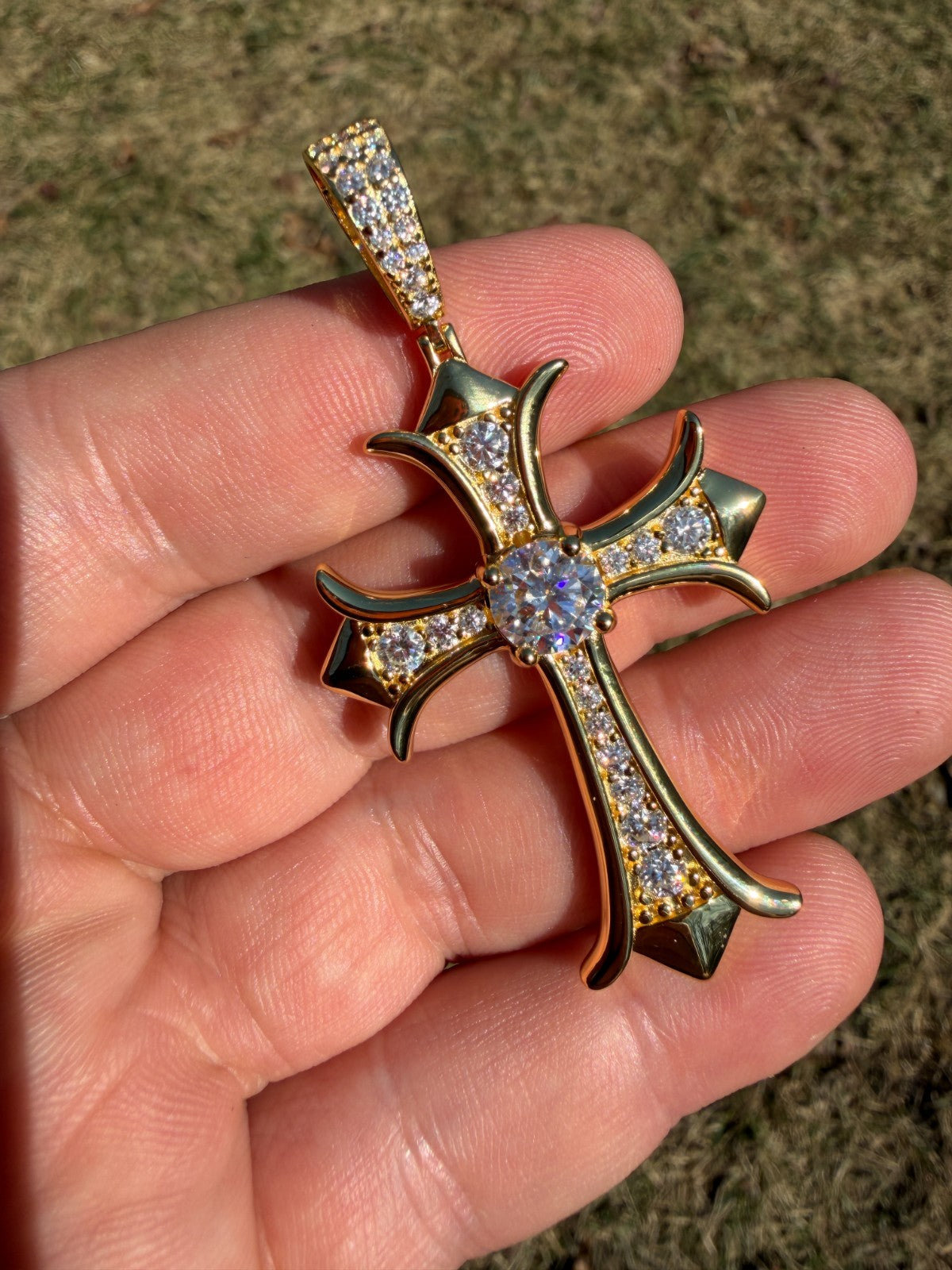 Moissanite Hearts Chrome Cross Pendant | 14k Gold Vermeil 925 Silver