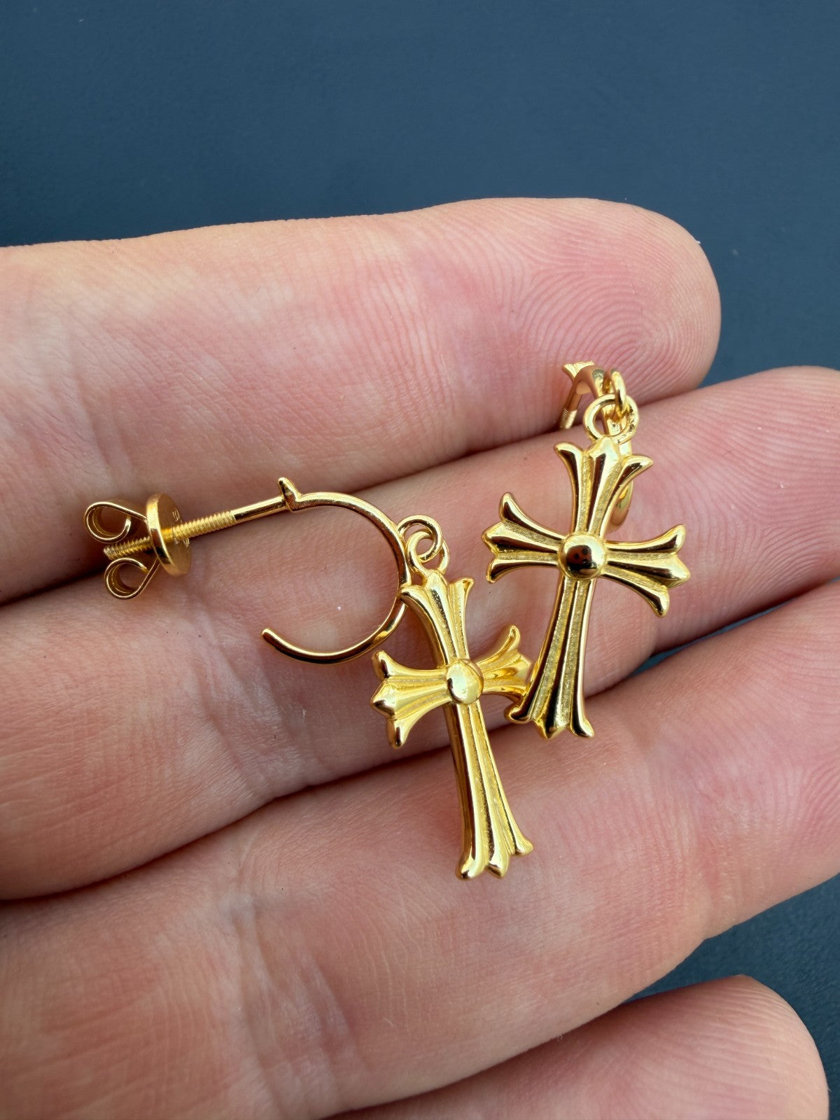 Hearts Of Chrome Huggie Hoops W. Dangle Cross Earrings | 14k Gold Vermeil 925 Silver