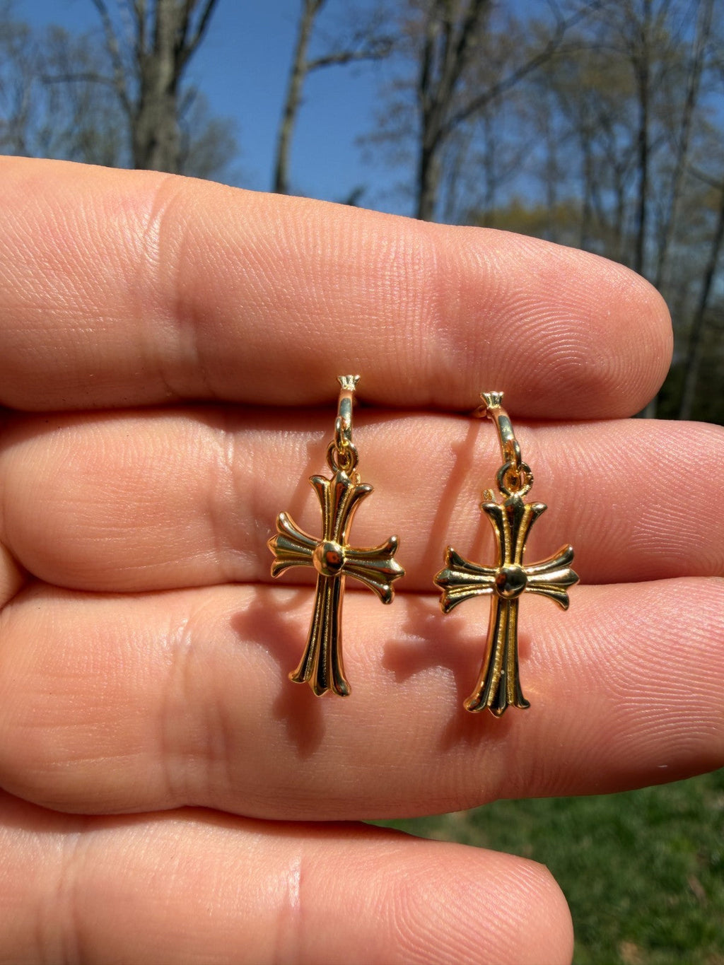 Hearts Of Chrome Huggie Hoops W. Dangle Cross Earrings | 14k Gold Vermeil 925 Silver