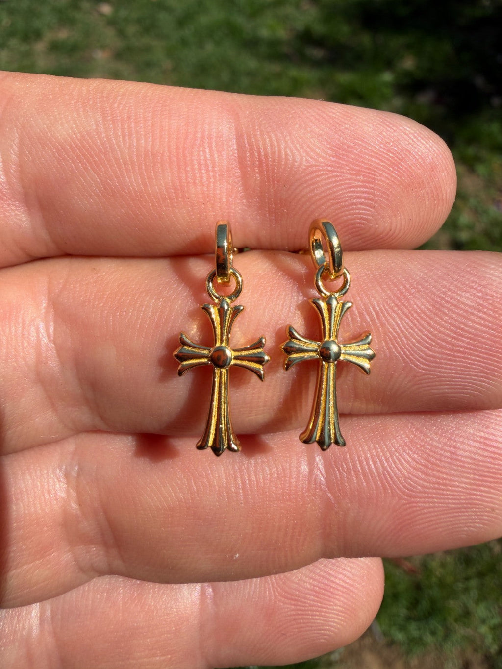 Hearts Of Chrome Studs W. Dangle Cross Earrings | 14k Gold Vermeil 925 Silver
