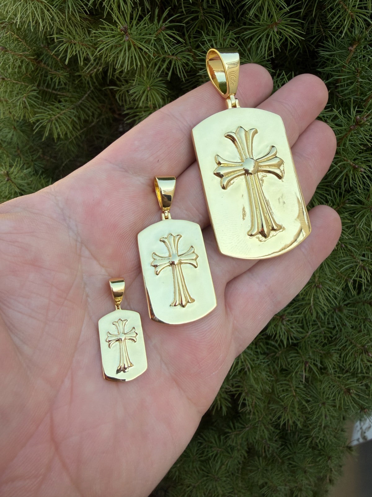 Hearts Chrome Dog Tag Cross Pendant | 14k Gold Vermeil 925 Silver