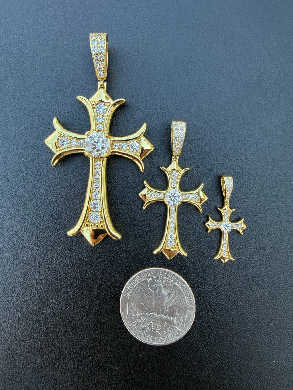 Moissanite Hearts Chrome Cross Pendant | 14k Gold Vermeil 925 Silver